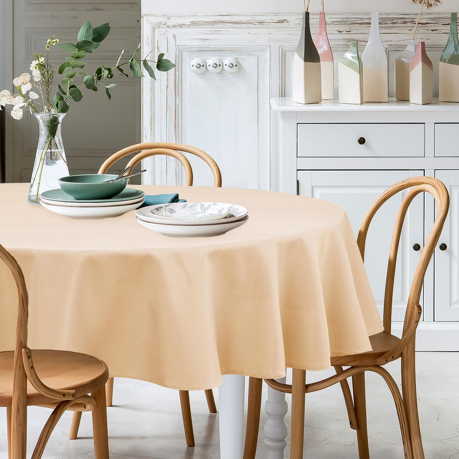 XWZO Round Tablecloth 70 Inch Polyester Table Cloth, Round Table Cover Waterproof Wipe Clean Spillproof for Kitchen Dining Wedding Outdoor Picnic Buffet Party, Beige