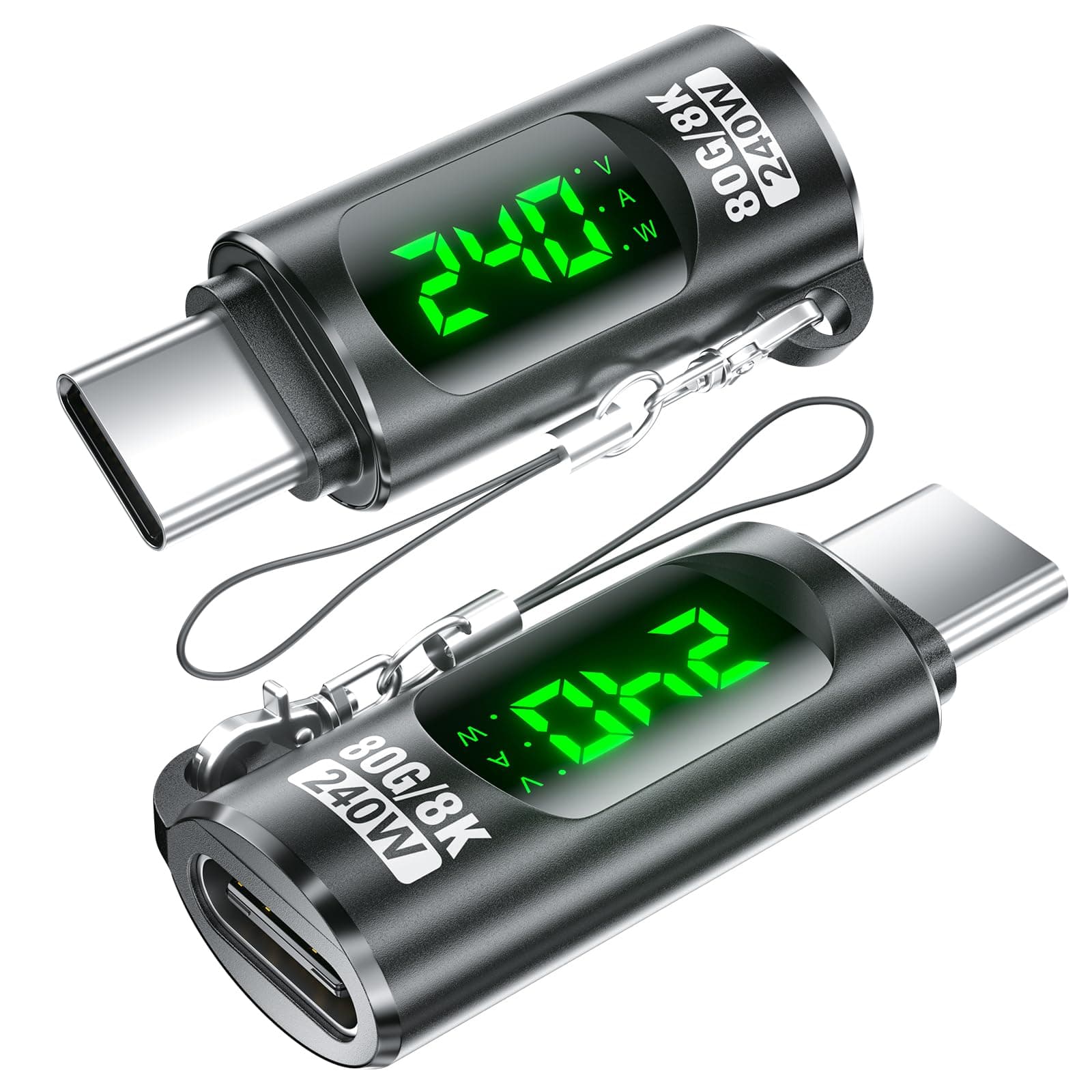 240W USB-C Adapter (2 Pack) - Digital LED Power Display, Type C Male to Female Extension Connector for iPhone 15/16, MacBook, iPad
