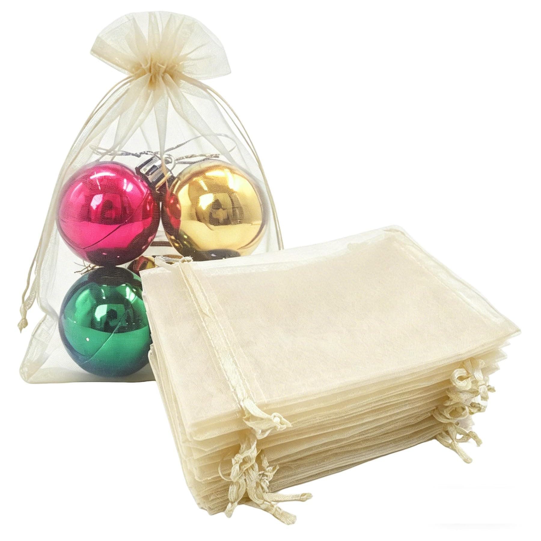Rvscxam Set of 100 Gift Organza Bags with Drawstring 5x7 inch Ivory for Baby Shower,Santa,Wedding,Party Favors,Bridal Shower,1st Birthday,Sheer Fabric Clear Mesh Solid Color Sachet for Jewelry,Candy