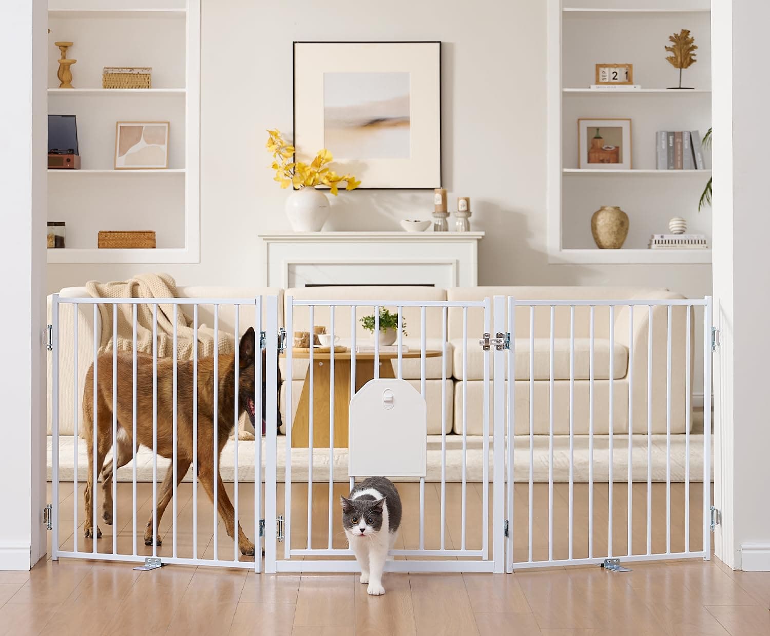 No Pawblems Freestanding Dog Gate with Cat Door for Indoor & Outdoor, White