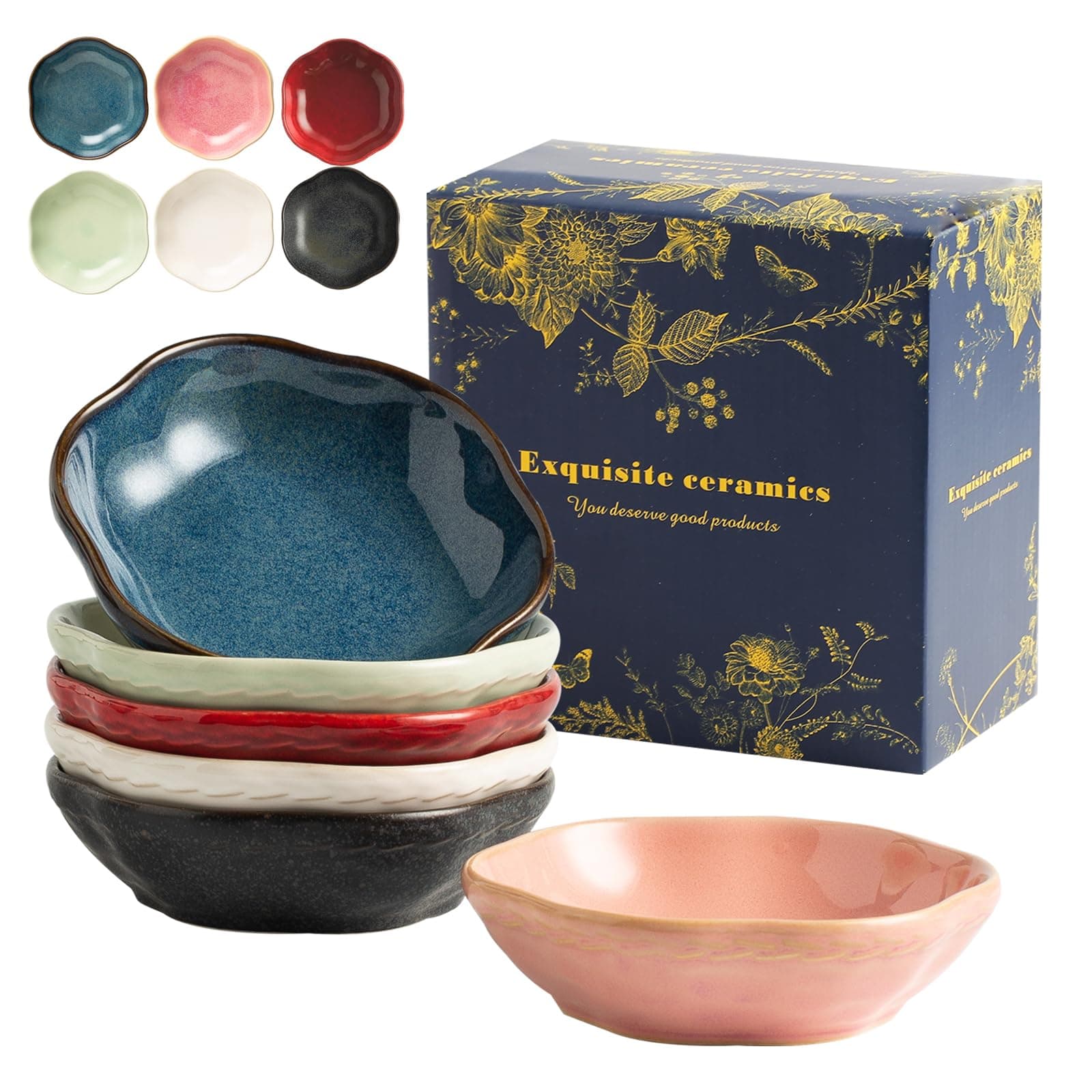 QNMUSUNC 4 Inch Soy Sauce Dish Dipping Bowls Small Ceramic Bowls for Side Dishes Sauce Cup for Condiments Snacks Ketchup BBQ Party, Set of 6 (multicolor, 4.3in*4.3in*1.1in)