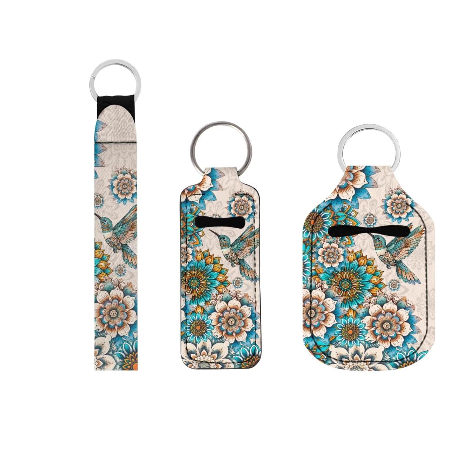 Suobstales 3 Pack Travel Bottle Keychain Holder Set Hand Sanitizer Holder With Chapstick Holder Keychain for Women Men, Bohemia Hummingbird Mandala, One Size