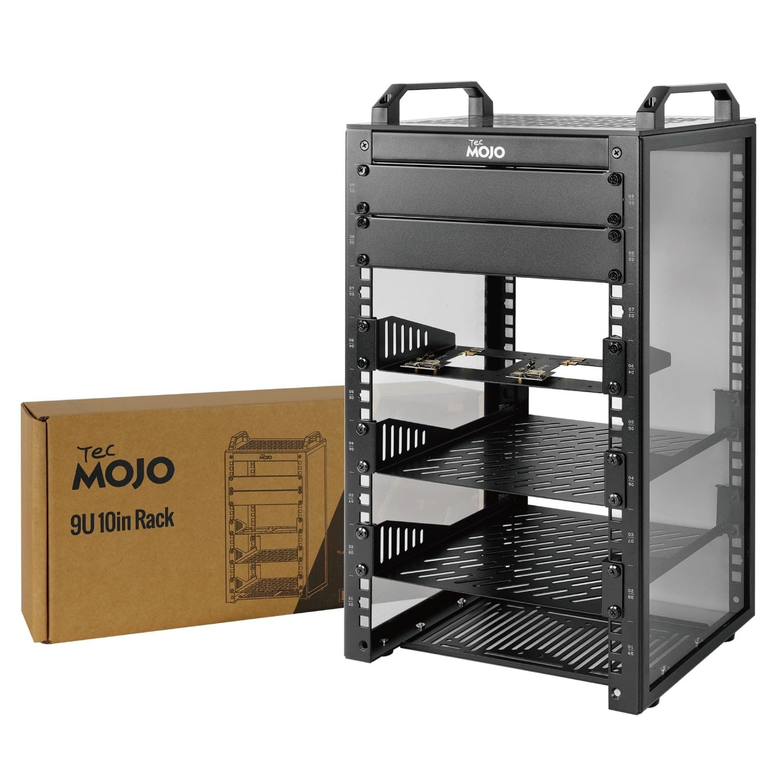 Tecmojo 10 inch 9U Network Rack, 200mm Depth Mini Server Rack with Shelf, Micro HDMl to HDMI Adapter Board, 132 lbs Max Loading, Blank Panel for 10 inch Servers, Network Equipment, Black