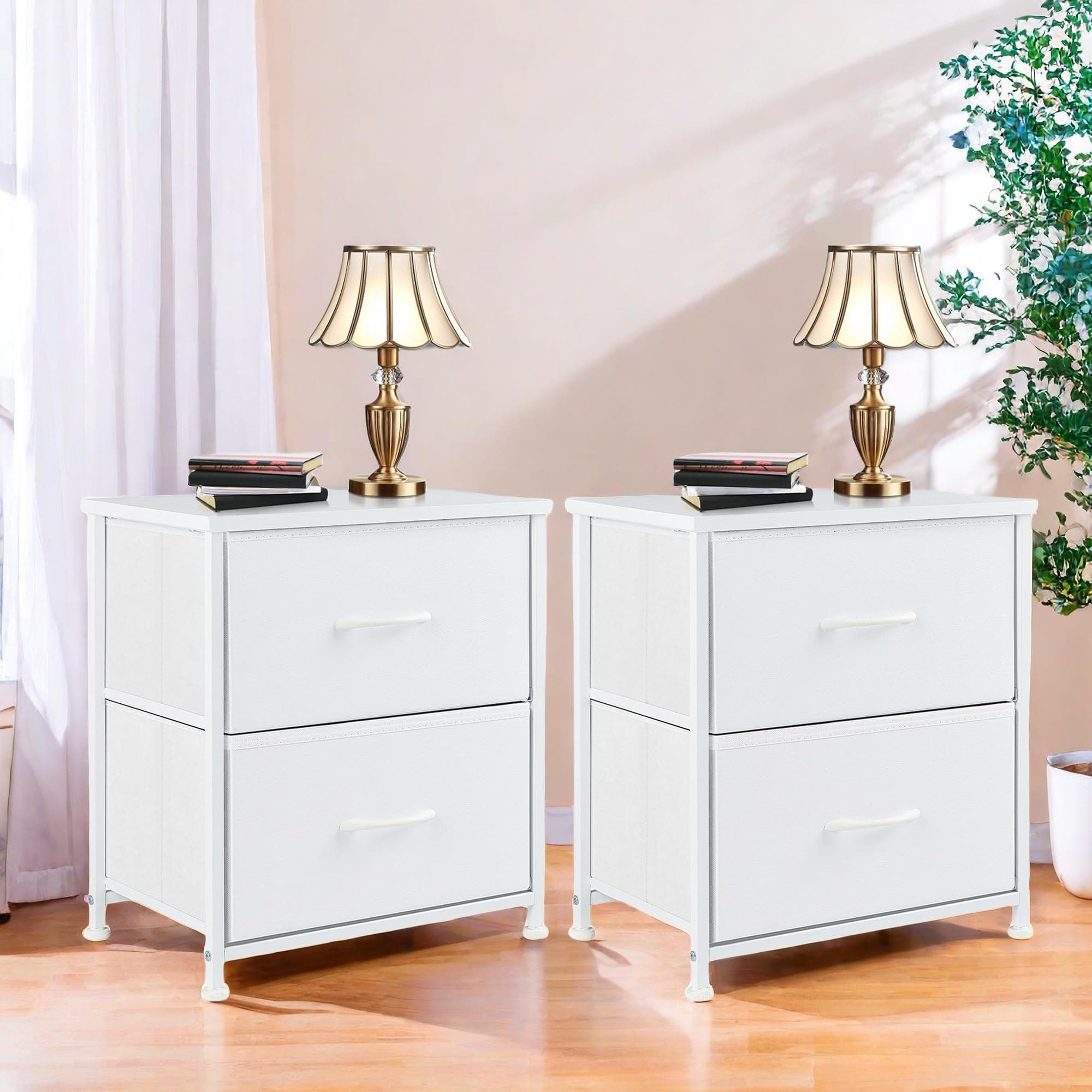 GlasFlength Nightstand w/ 2 Fabric Drawers Farmhouse Bedside Bedroom, Small End Tables Storage Organizer with Wood Top for Kids Room Dorm Closet, White/2BC 2-Pack