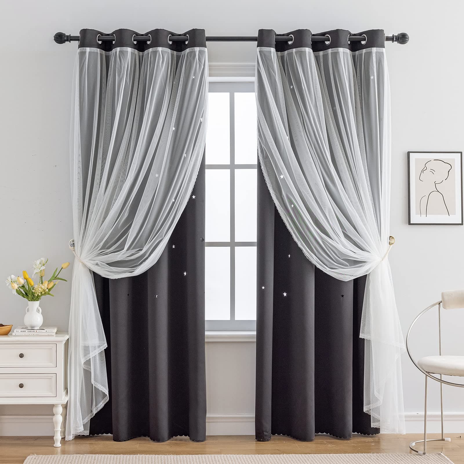 indistar Star Cutout Kids Window Blackout Curtains for Girl Bedroom Window Room Darkening Curtains & Drapes Baby Nursery Curtains (2 Panel,52Wx72L inch,Black)