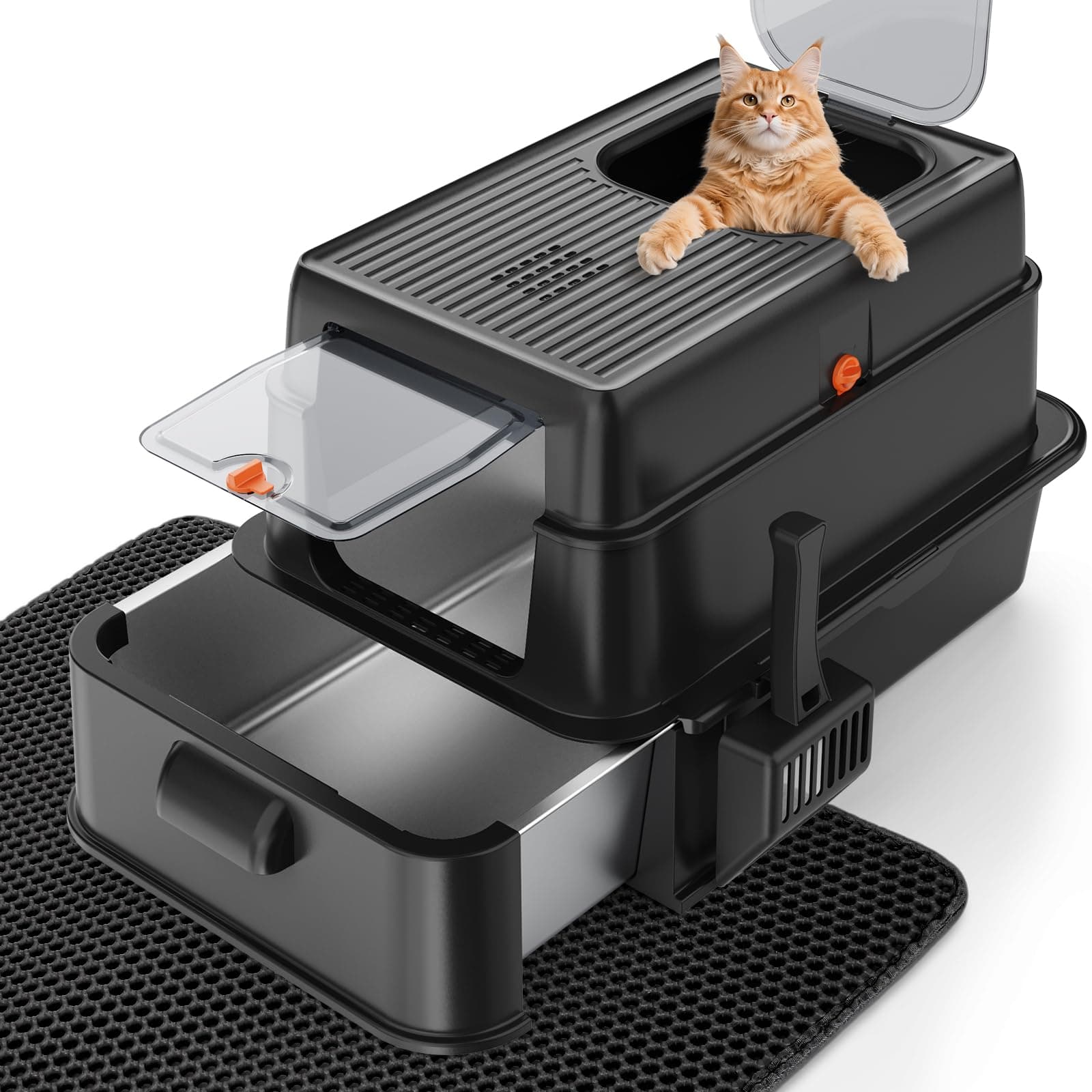 FURTIME Stainless Steel Litter Box with Lid, XL Extra Large Cat Litter Box for Big Cats, Enclosed Drawer Metal Litter Boxs with High Sided, Include Scoop & Mat, Front & Top Entry, Odor Free, Non-Stick