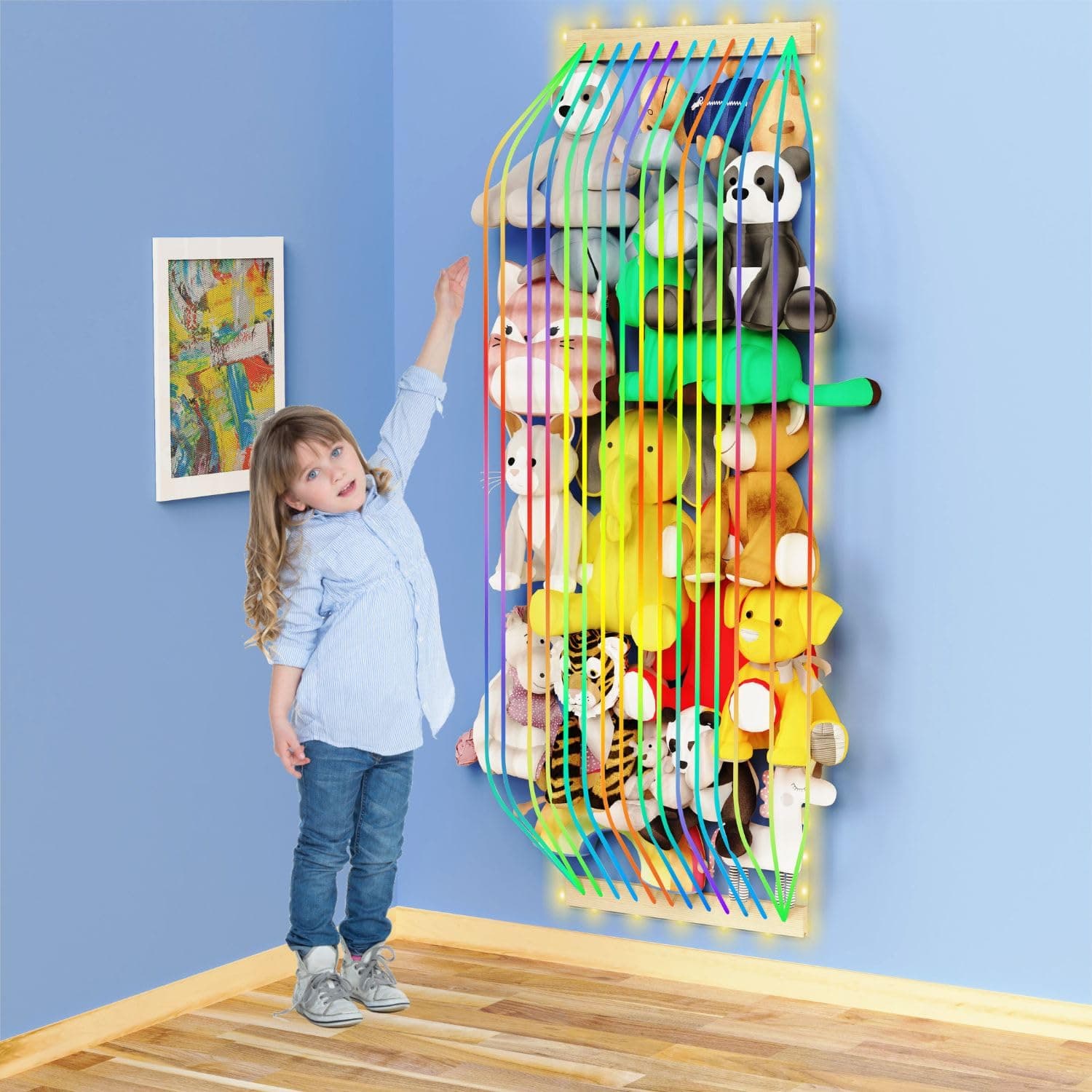 Stuffed Animal Storage Wood Soft Toy Storage for Kids Room，Wall Mount Door Hanging Stuffed Animal Toy Organizer Shelf for Nursery Play Room White with LED Coil -Patent