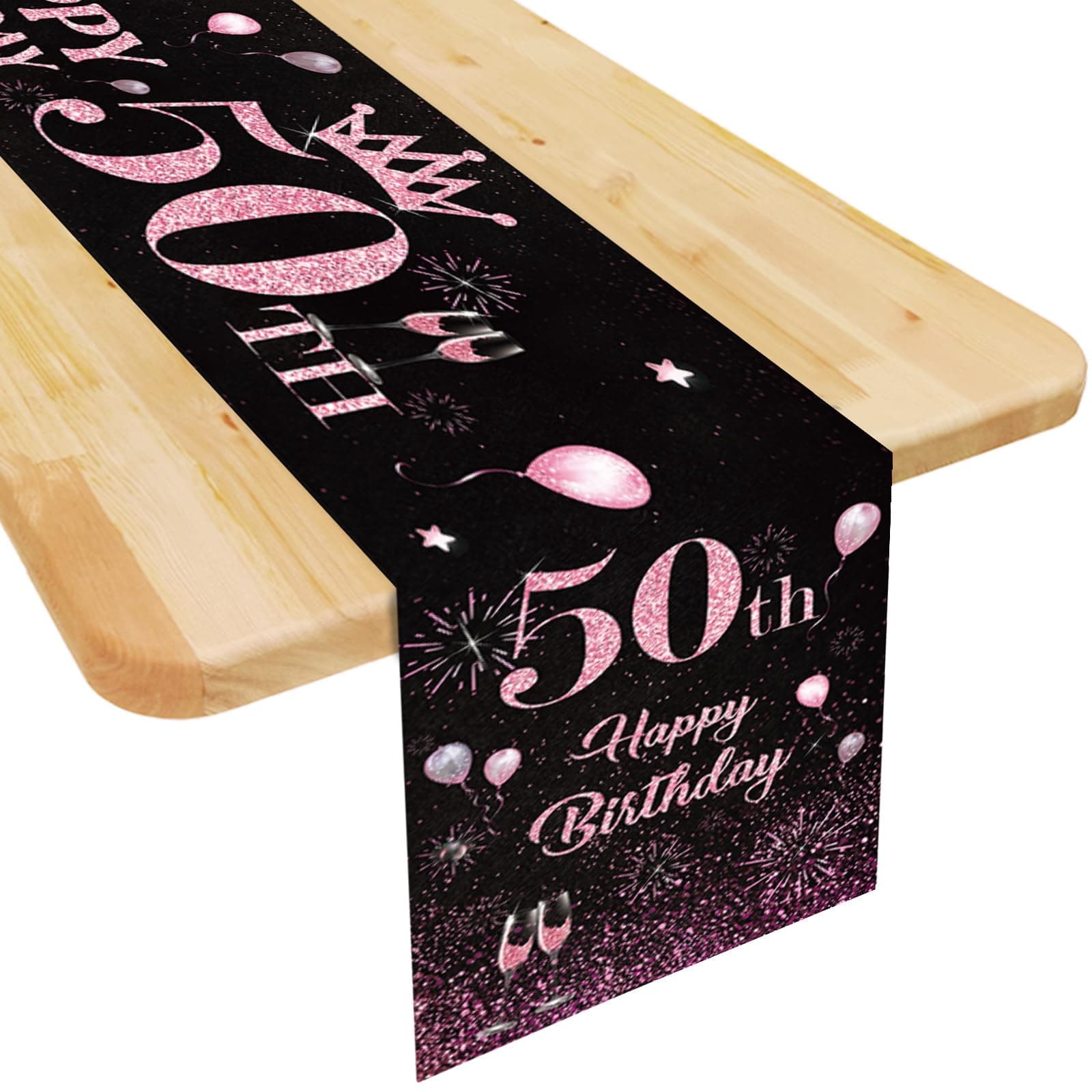 50th Birthday Table Runner for Women Her Black Pink Happy 50th Birthday Table Runner 50 Years Old Celebration Party Decorations Non-Slip Dining Table Linen Cover Cloth Decor, 72 Inches Long