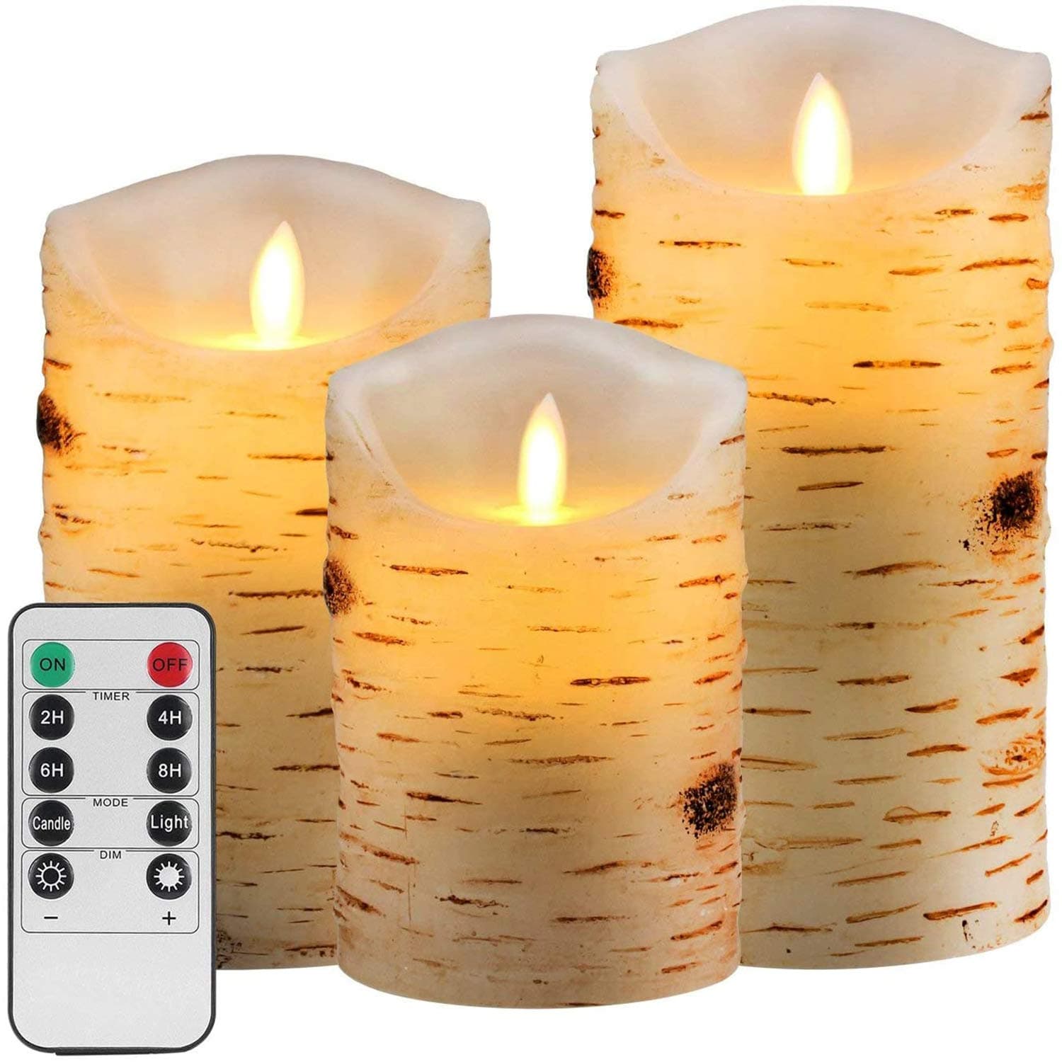 Aku Tonpa Birch Bark Effect Flameless Candles Battery Operated Pillar Real Wax Flickering Moving Wick Electric LED Candle Sets with Remote Control Cycling 24 Hours Timer, 4" 5" 6" Pack of 3