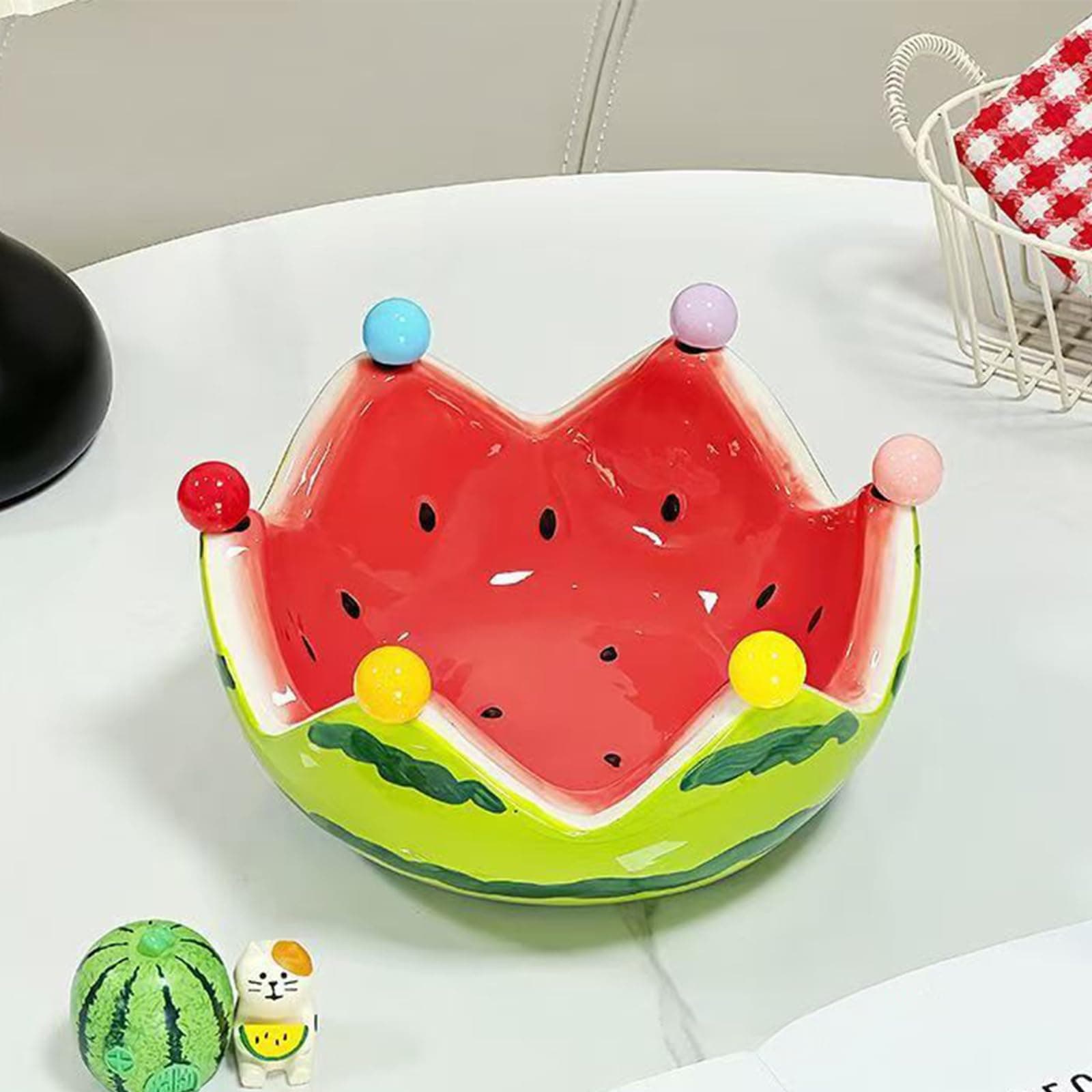 WLLYXUS Watermelon Fruit Bowl with 6 Stainless Steel Forks,Funny Decorative Ceramic Watermelon Shaped Tray for Fruits,Snacks (RED,watermelon)