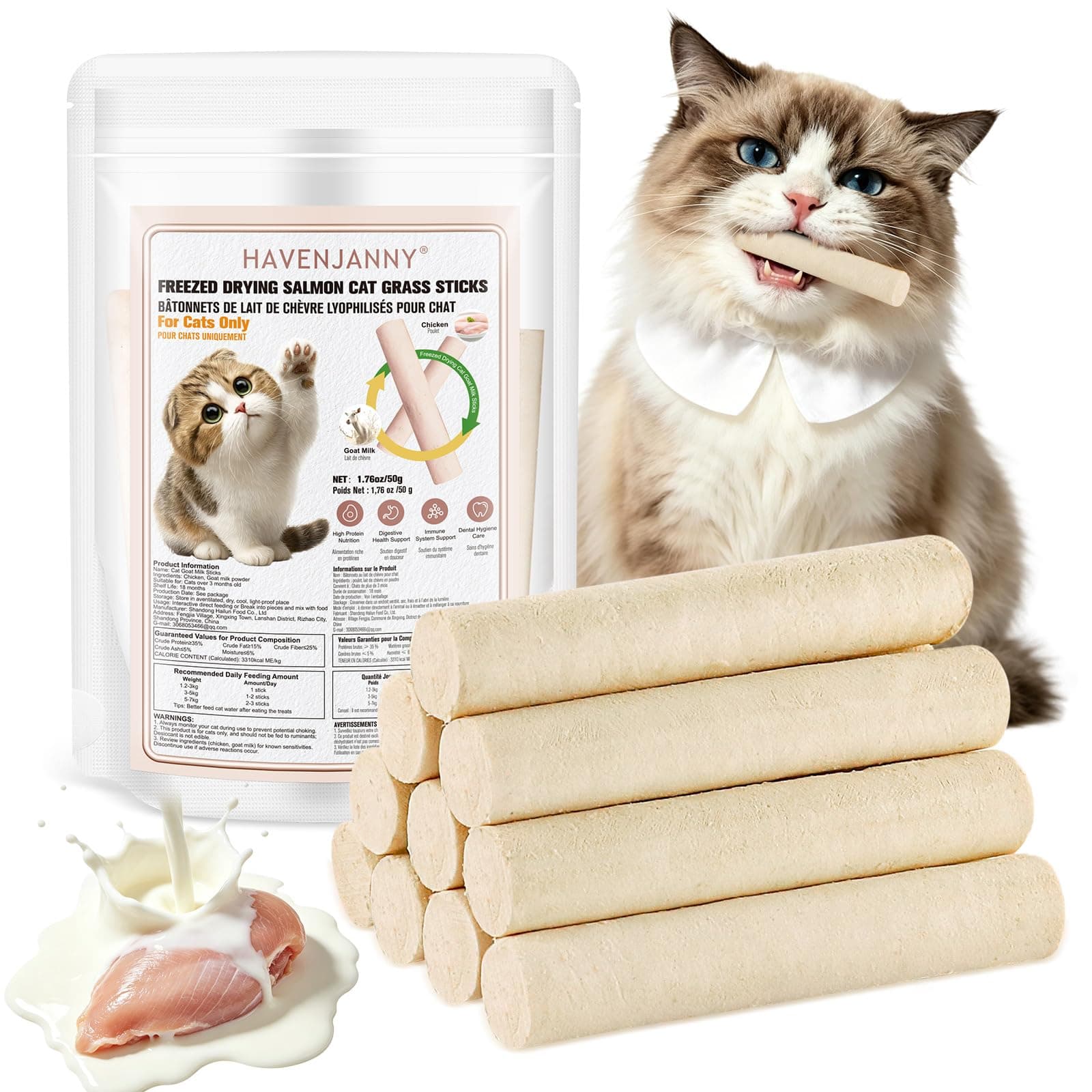 50g Cat Goat Milk Treats, Chicken Cat Teething Stick for Gentle Digestion, Immune Support and Teeth Cleaning, Edible Cats Snack