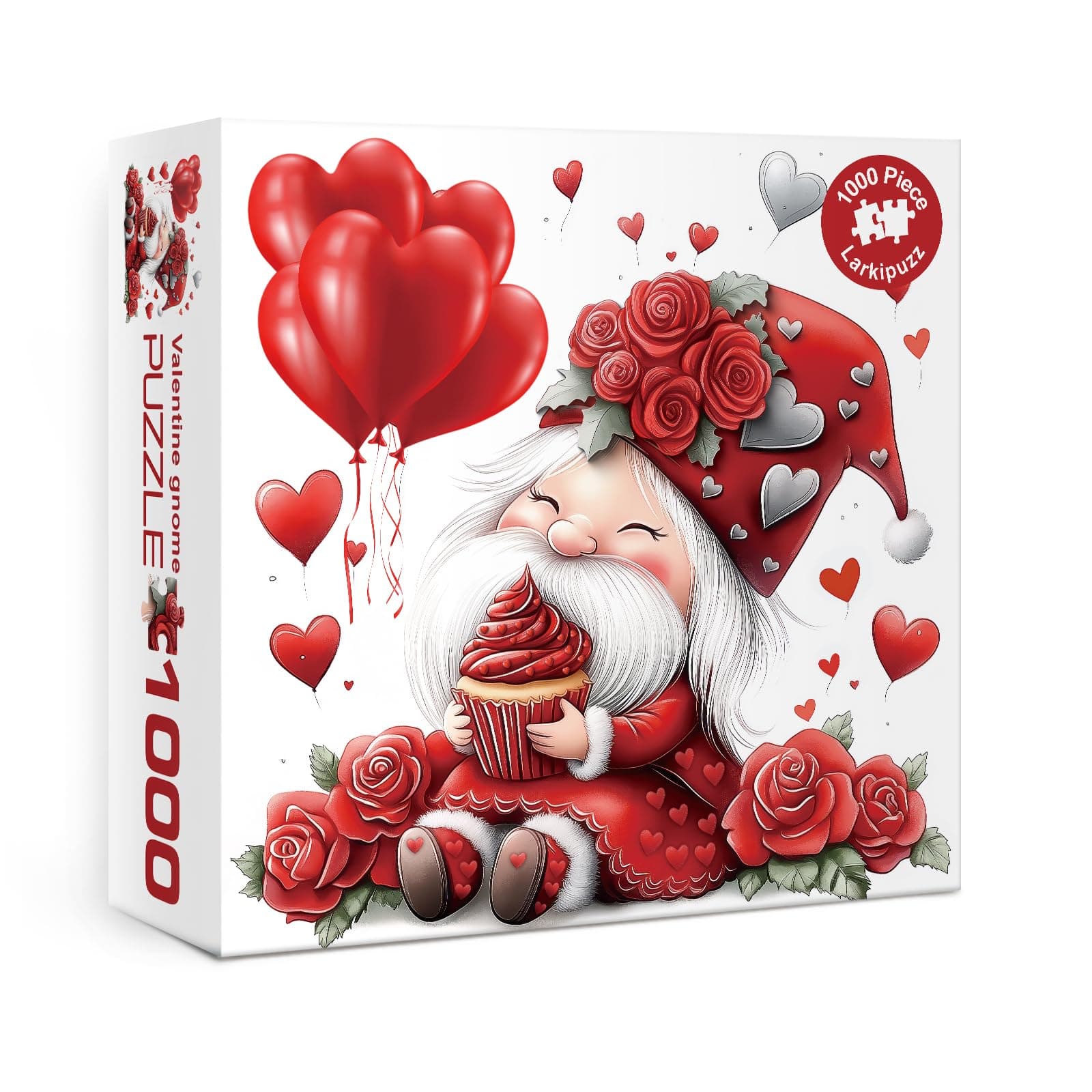 Funny Valentine Gnome Puzzles for Adults 1000 Pieces, Cute Love Cupcake Jigsaw Puzzle, Challenging Red Rose Art Puzzles