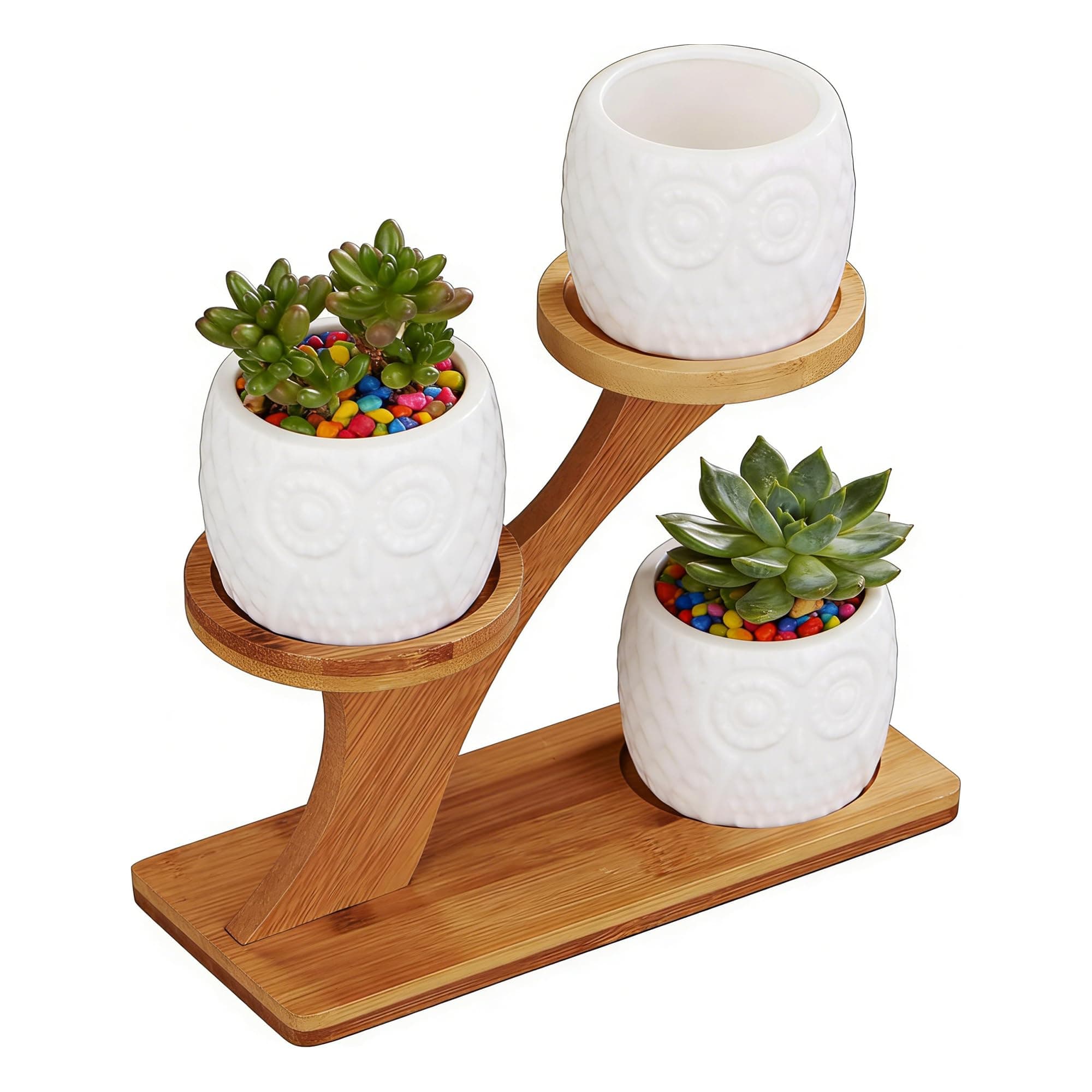 Flowerplus Planter Pots Indoor, 3 Pack 2.75 Inch White Ceramic Decorative Small Owl Succulent Cactus Flower Plant Pot with Tree Tier Bamboo Stand for Indoors Outdoor Home Garden Kitchen Decor