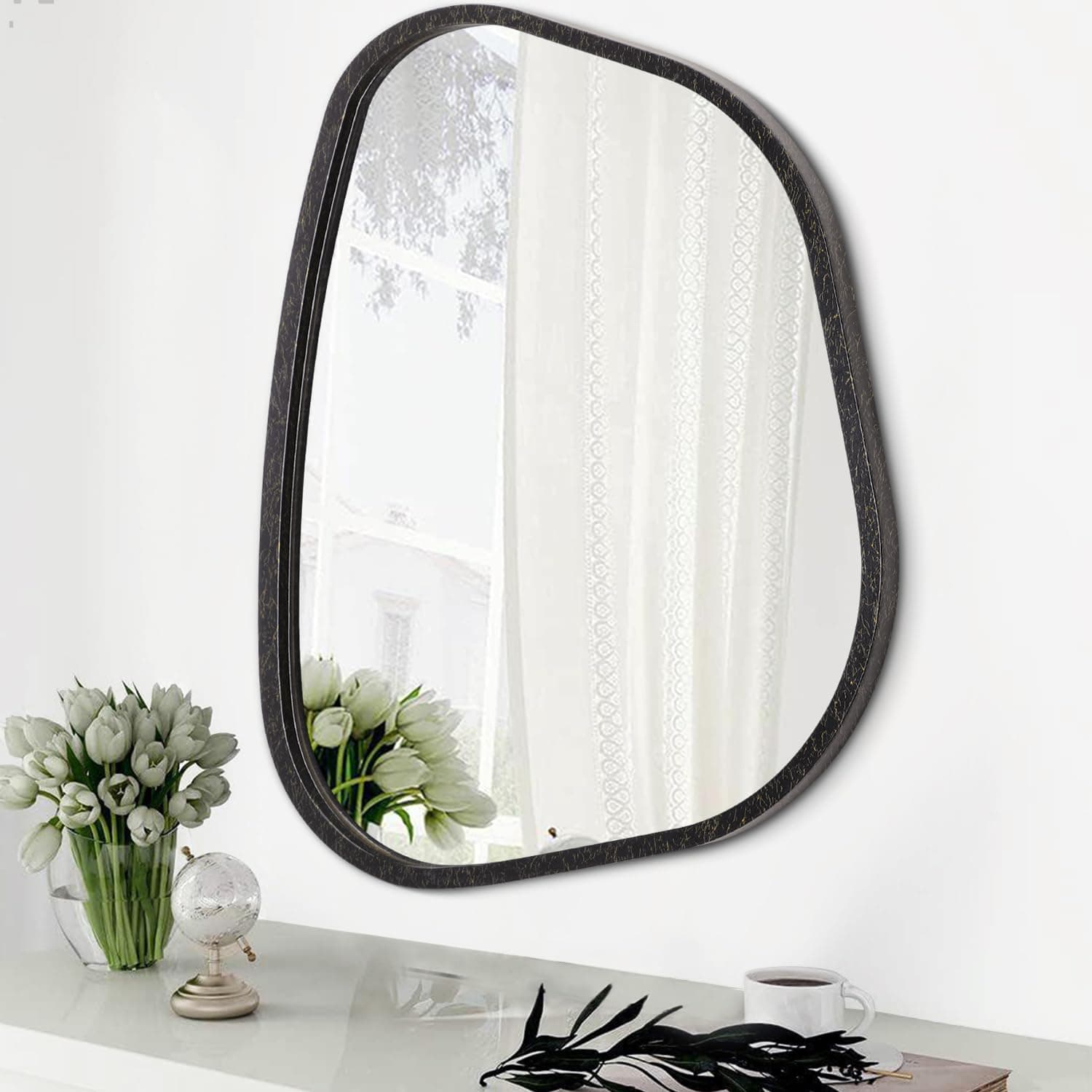 HLFMVWE Irregular Asymmetrical Art Deco Wall Mirror, 14L x 10W inches, Black Gold Wood Frame, Wall Mounted, Bedroom Decor