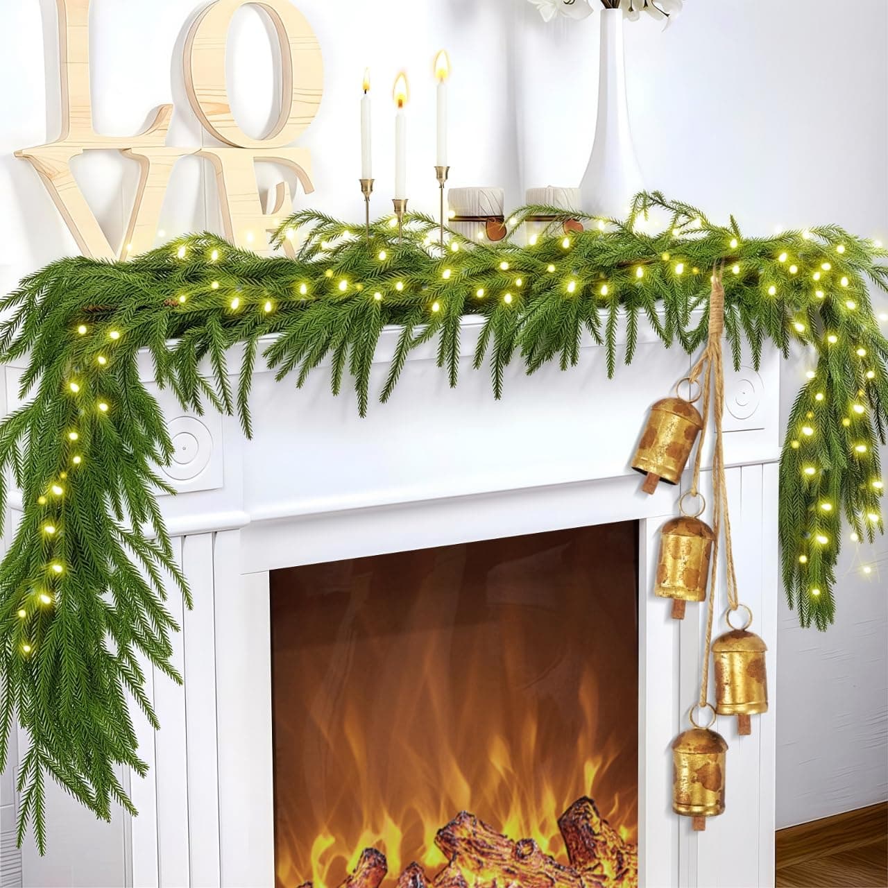 Luenghaoyun 1 Set 9 Feet Christmas Norfolk Garlands Set Including Artificial Faux Greenery Garland and 4 Cow Bell with Jute Hanging Rope for Xmas Indoor Decor
