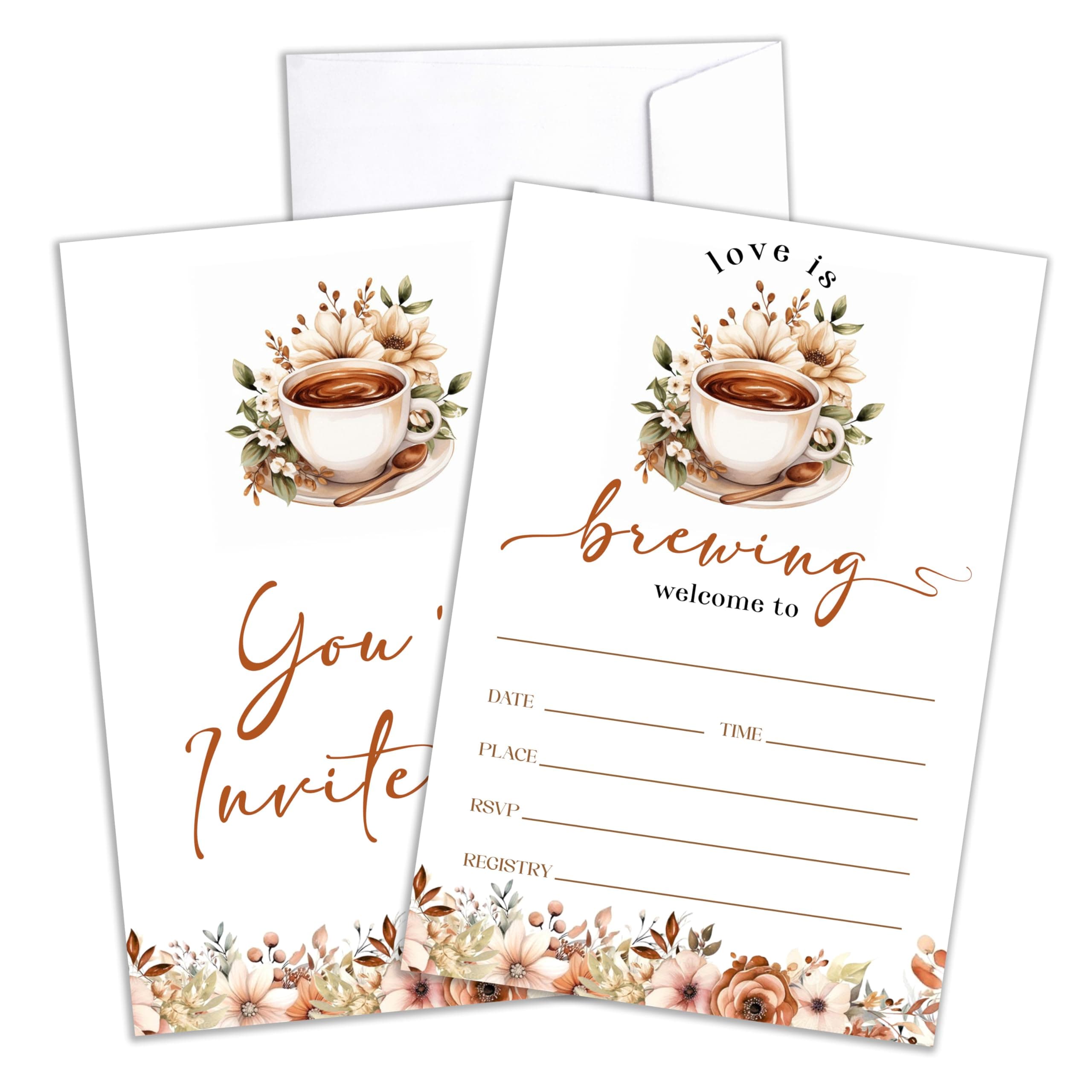 Bridal Shower Invitations, Love Is Brewing Wedding Shower Invites, Coffee And Floral Engagement Banquet Celebration Party Suppiles For Couple, 25 Boho Fill In Invites Cards With Envelopes -A04