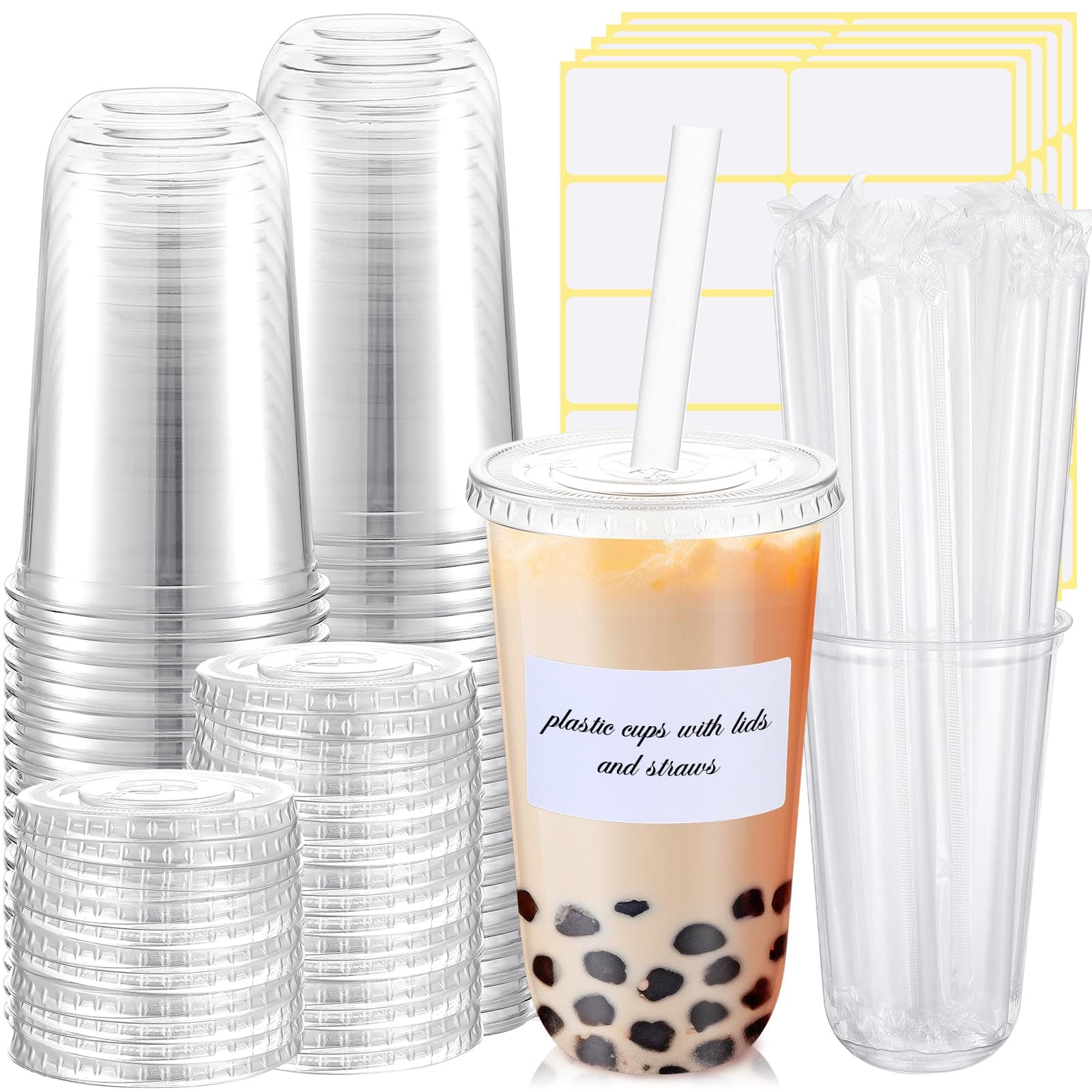 Ziliny 50 Sets Clear Plastic Cups with Lids, Straws and Stickers,18 oz