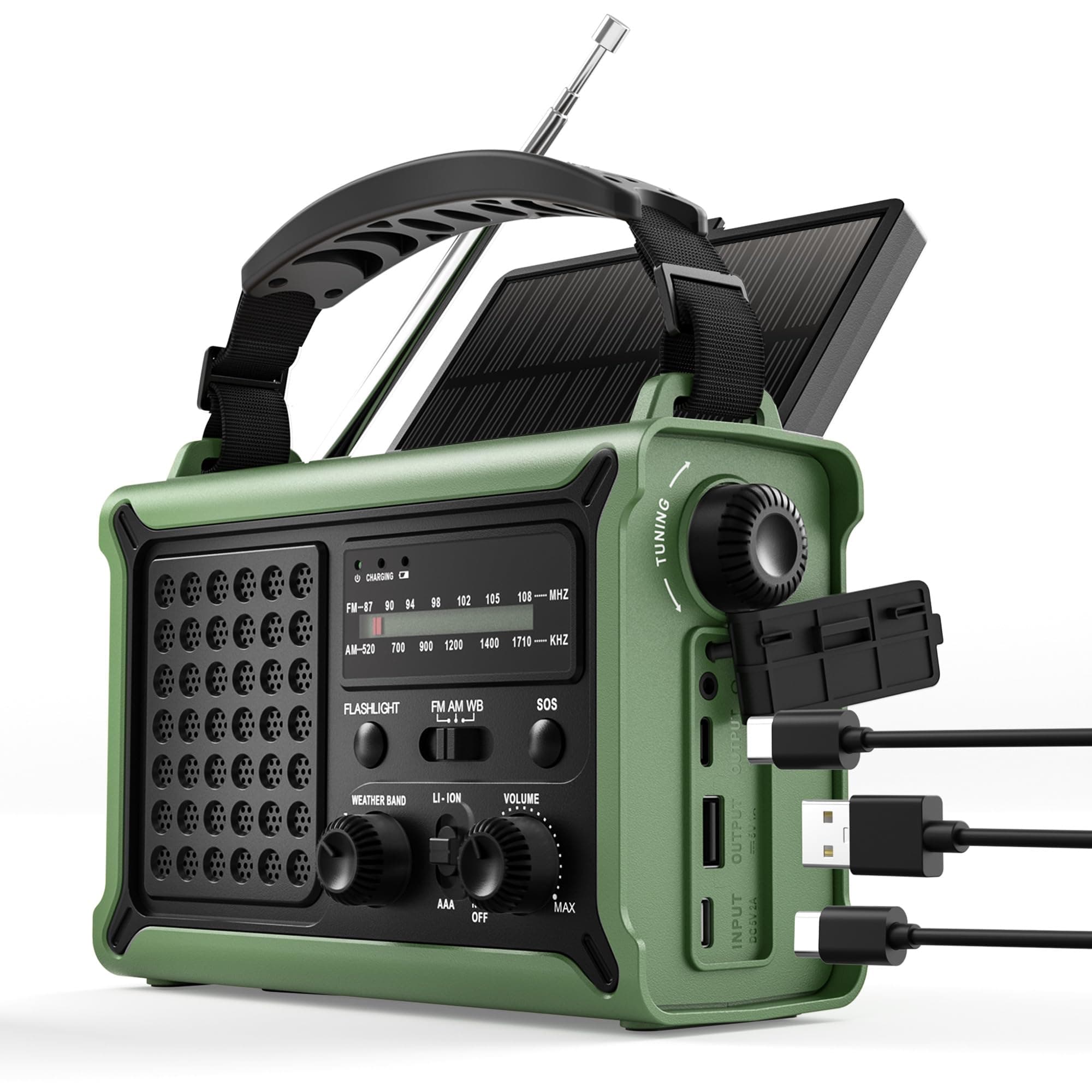 Emergency Weather Radio with Solar & Crank Power – AM/FM/NOAA, LED Flashlight, Reading Light, USB Charging & SOS – Survival Gear for Power Outages & Storms