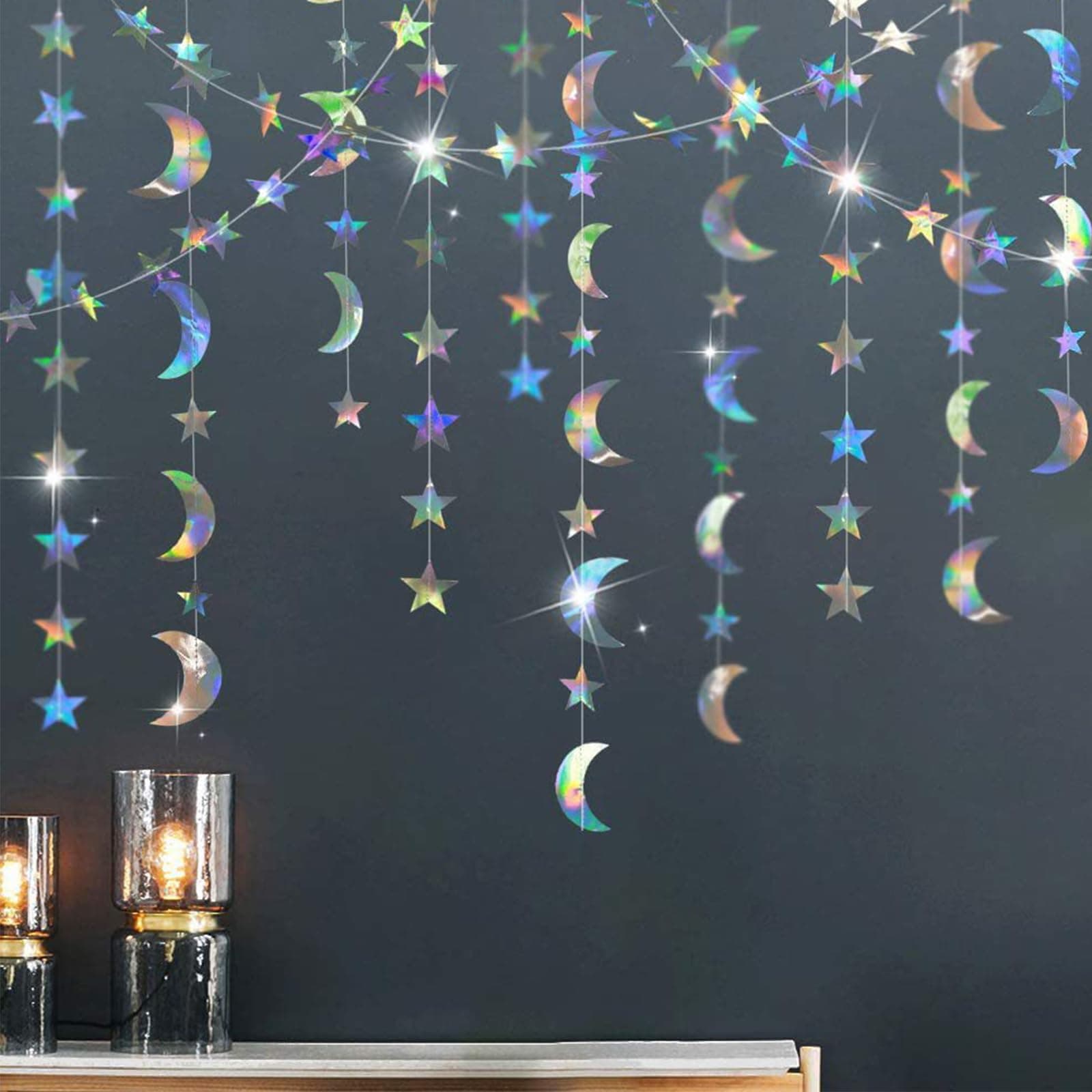 hhdatc Stars and Moon Party Decorations Garland Kit Galaxy Decor Iridescent Star Moon Circle Dot Garland for Holiday Party Supplies