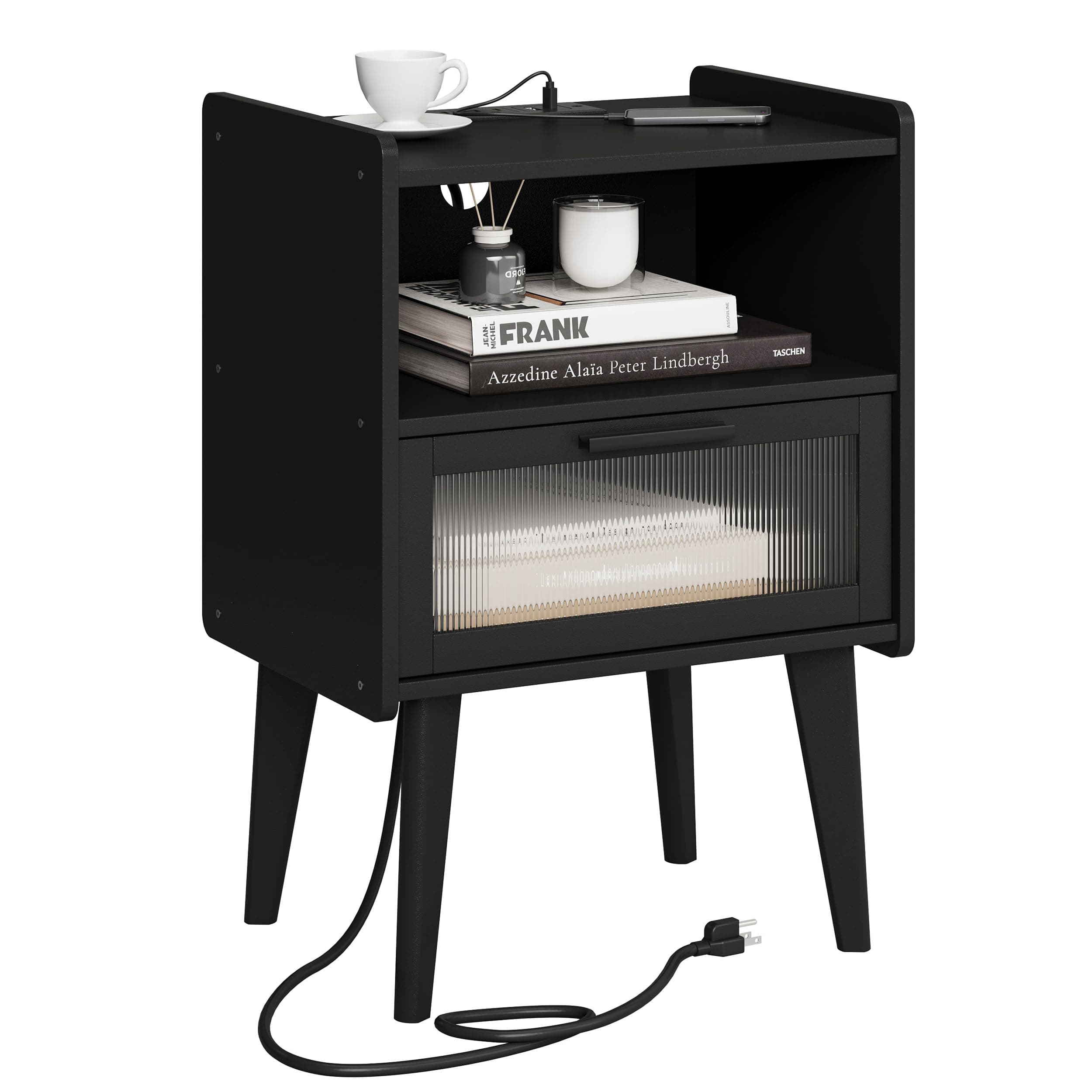 Nightstand with Charging Station, Bedside Tables, End Table Side Table with 2 Tiers Storage Space, for Bedroom, Living Room, Black CAMLBZ07BE