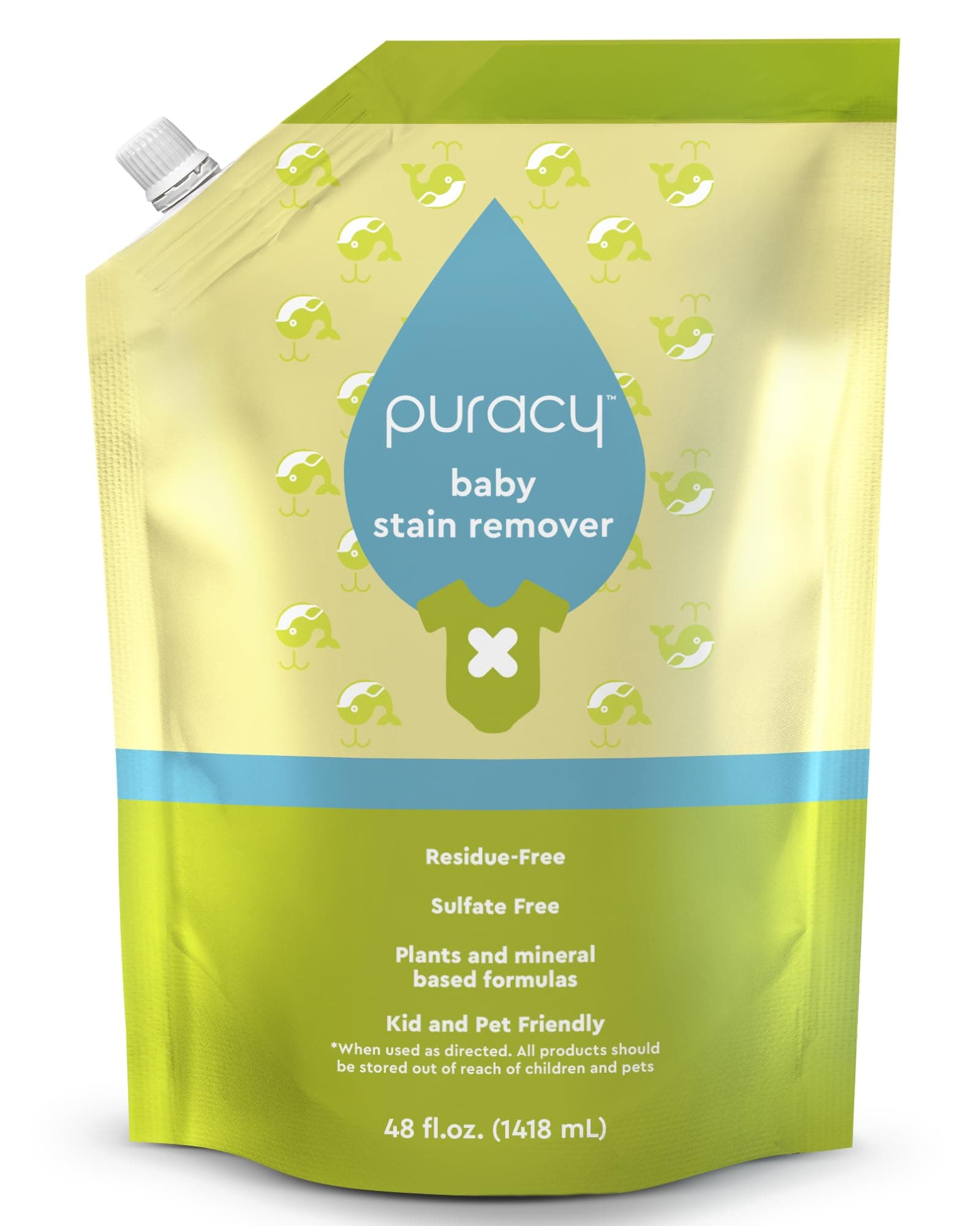 Puracy Stain Remover, Natural Based Travel and Laundry Stain Cleaner for Clothes, Baby Essentials, Kids Stains, Oil and Fabric Spot Cleaner, Unscented (1420 ml (48oz) Refill)
