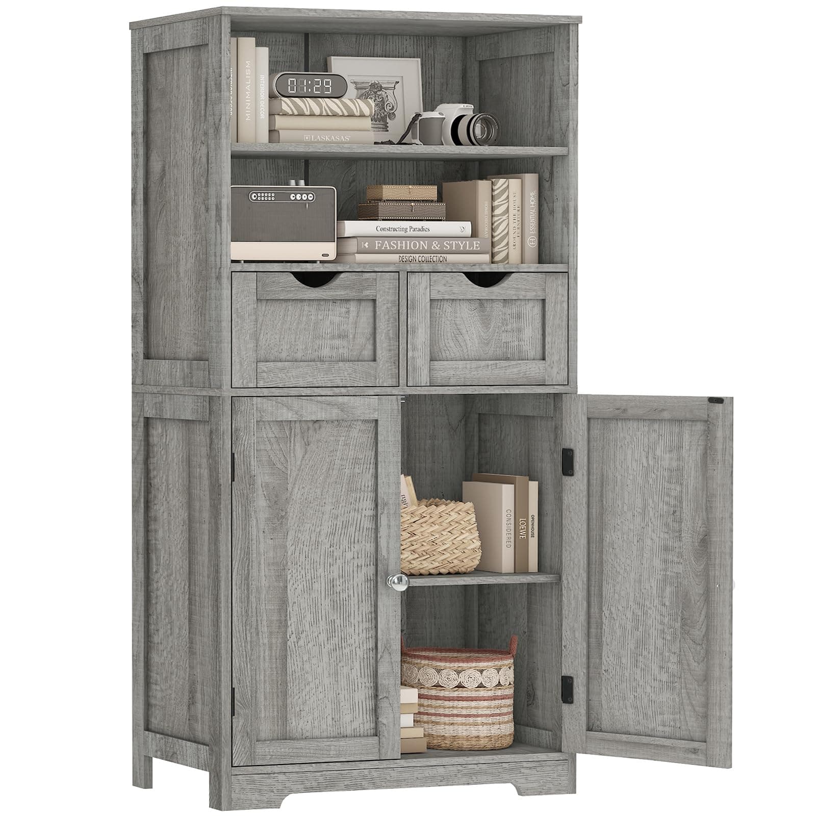 FIONESO Tall Storage Cabinet, Bathroom Cabinet with 2 Adjustable Drawers & 3 Shelves, Bathroom Floor Cabinet for Living Room, Dining Room, Bathroom, Grey