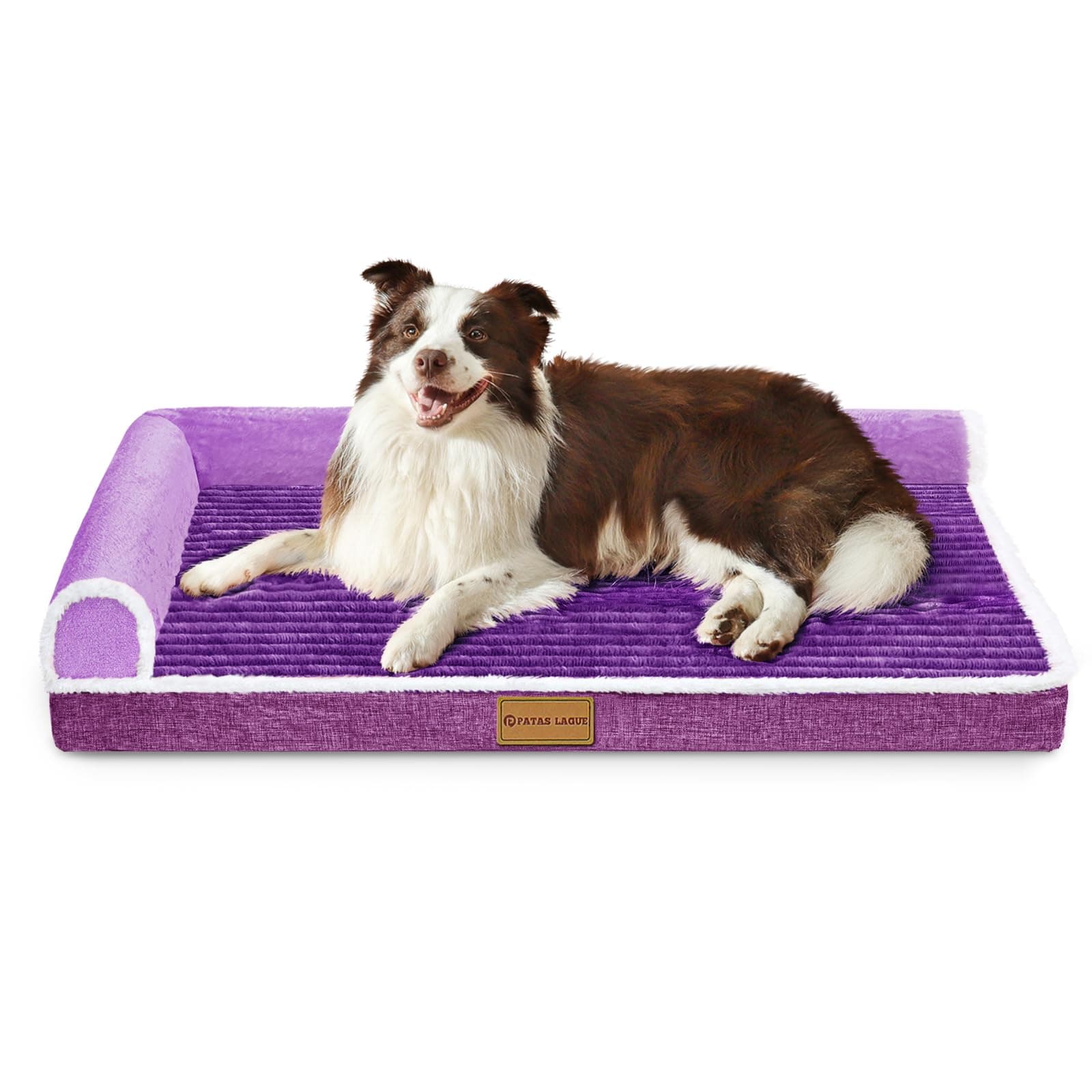 Patas Lague Orthopedic XL Dog Bed Large Sized Dog 48''X30'', Waterproof Comfortable L Bolster Big Extra Large Non-Slip Soft Warm Pet Crate Bed Sleep Sofa mat with Removable Washable Cover, Purple