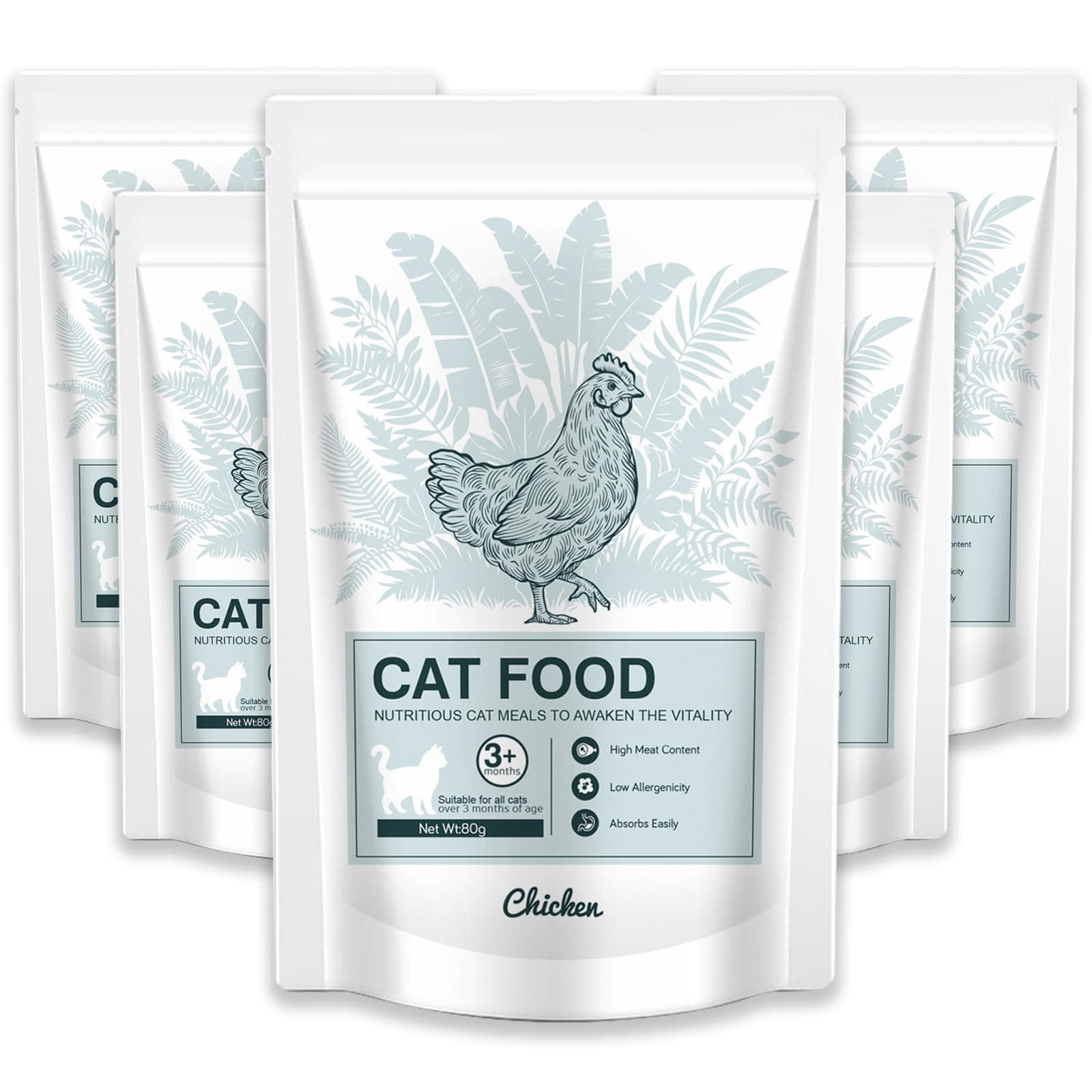 Wet Cat Food Pouches Lickable Cat Treats - Chicken Recipe with Real Protein, Liquid Cat Food for Kitten & Picky Cats - Supports Gut Health & Daily Hydration, （Pack of 5） 80g Bags