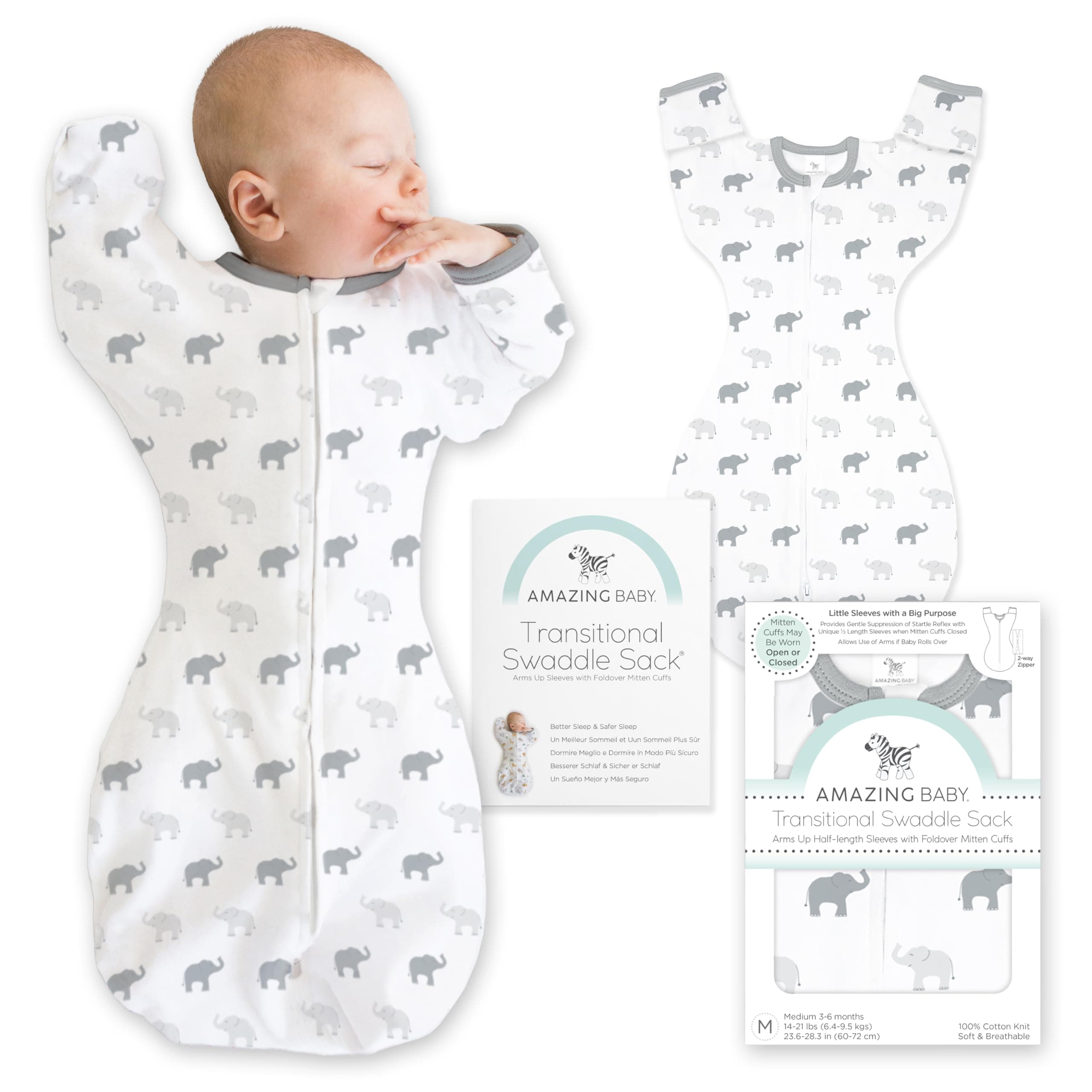 Amazing Baby Transitional Swaddle Sack, Tiny Elephants Sterling, 6-9mo