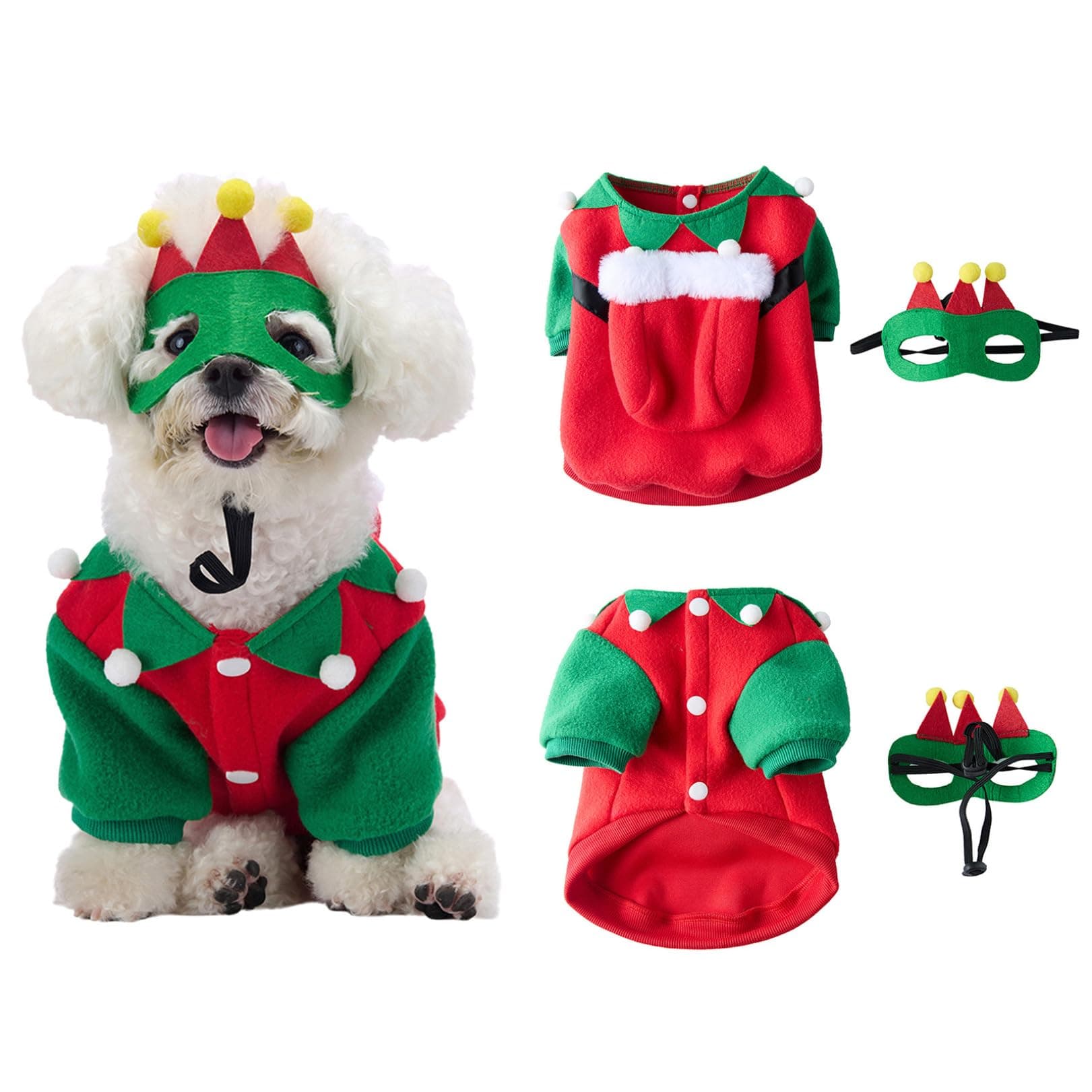 FEESHOW Holiday Pet Costume Christmas Elf Dog Clothes with Eye Mask Two-Color Sleeve Jumper for Photo Shoots Type B Small