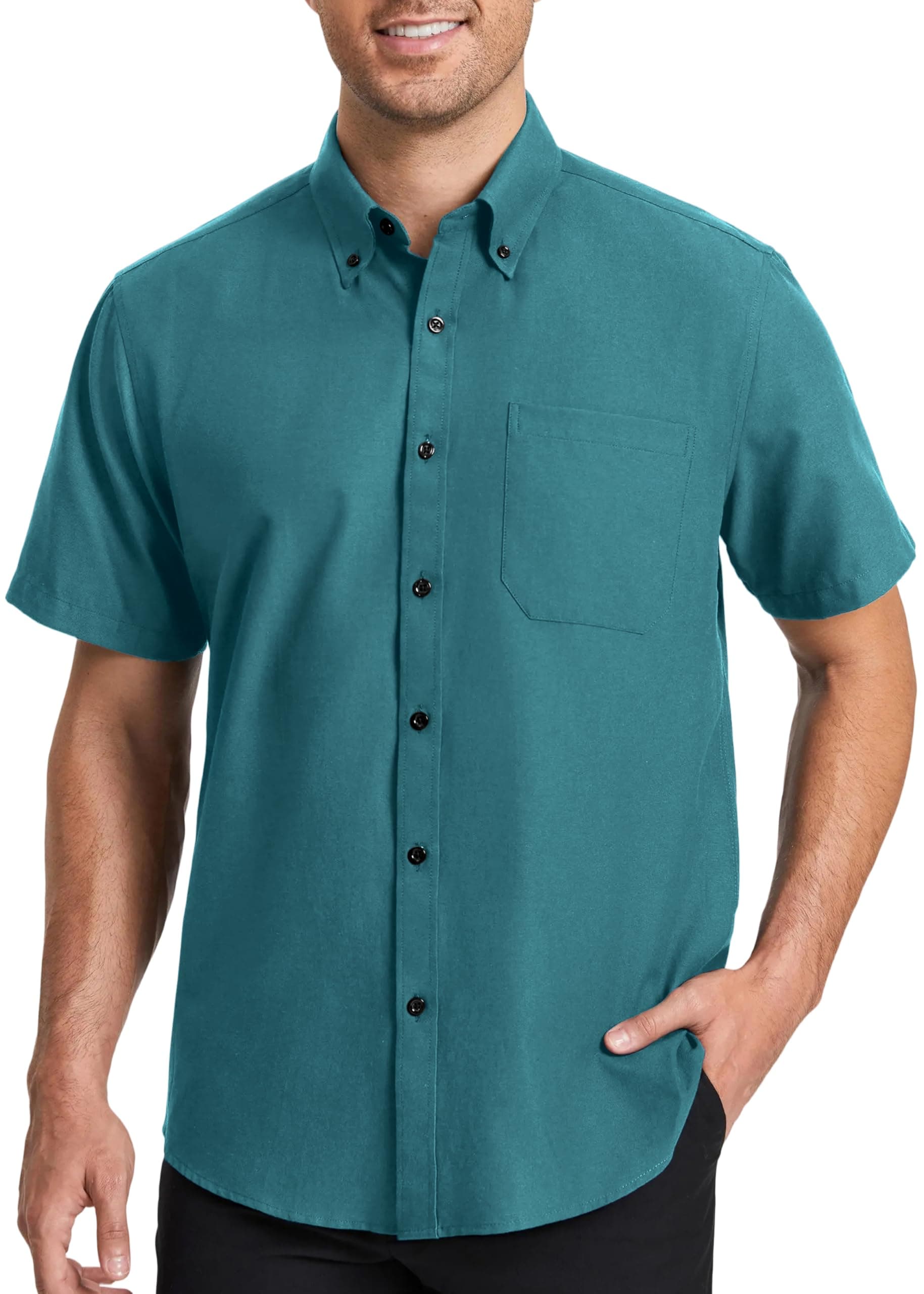 HISDERN Mens Short Sleeve Dress Shirts Oxford Solid Casual Button Dwon Collar Shirt with Pocket Regular Fit Business, Teal, Medium