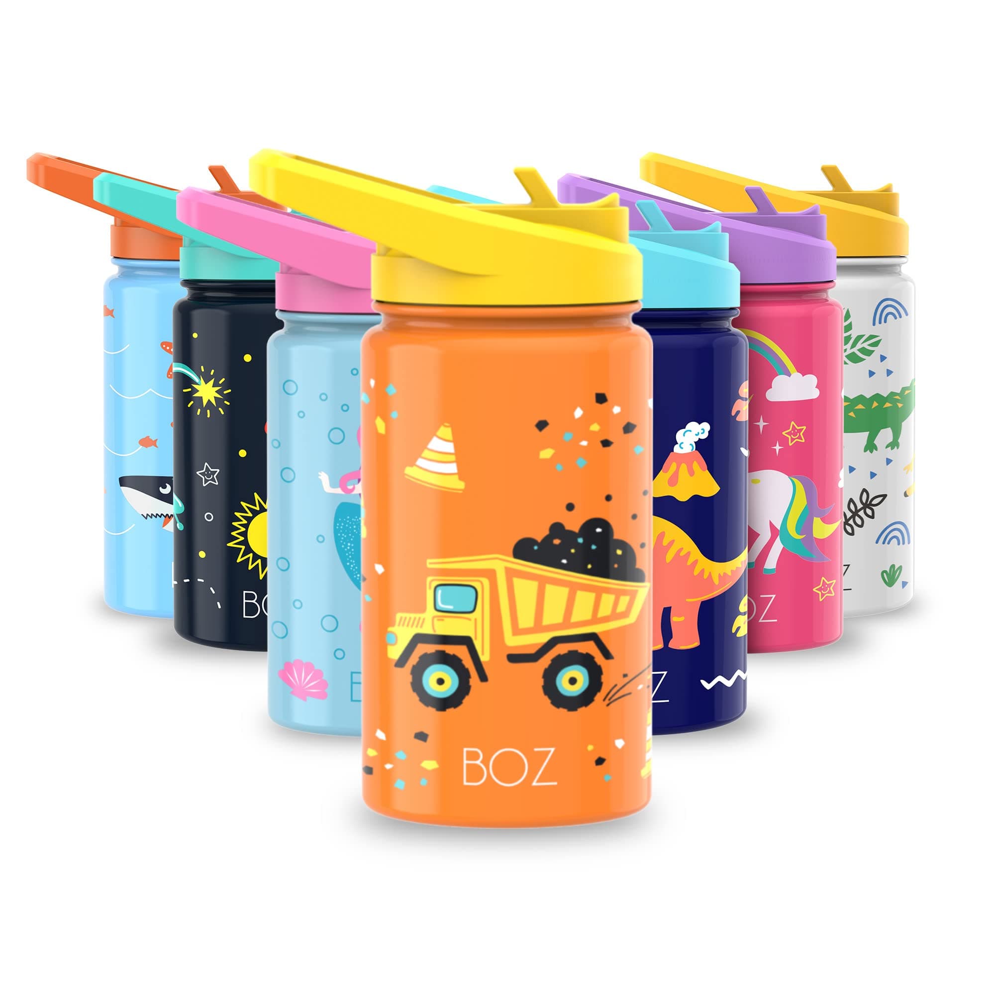 BOZ Kids Insulated Water Bottle with Straw Lid, 14oz (Construction)