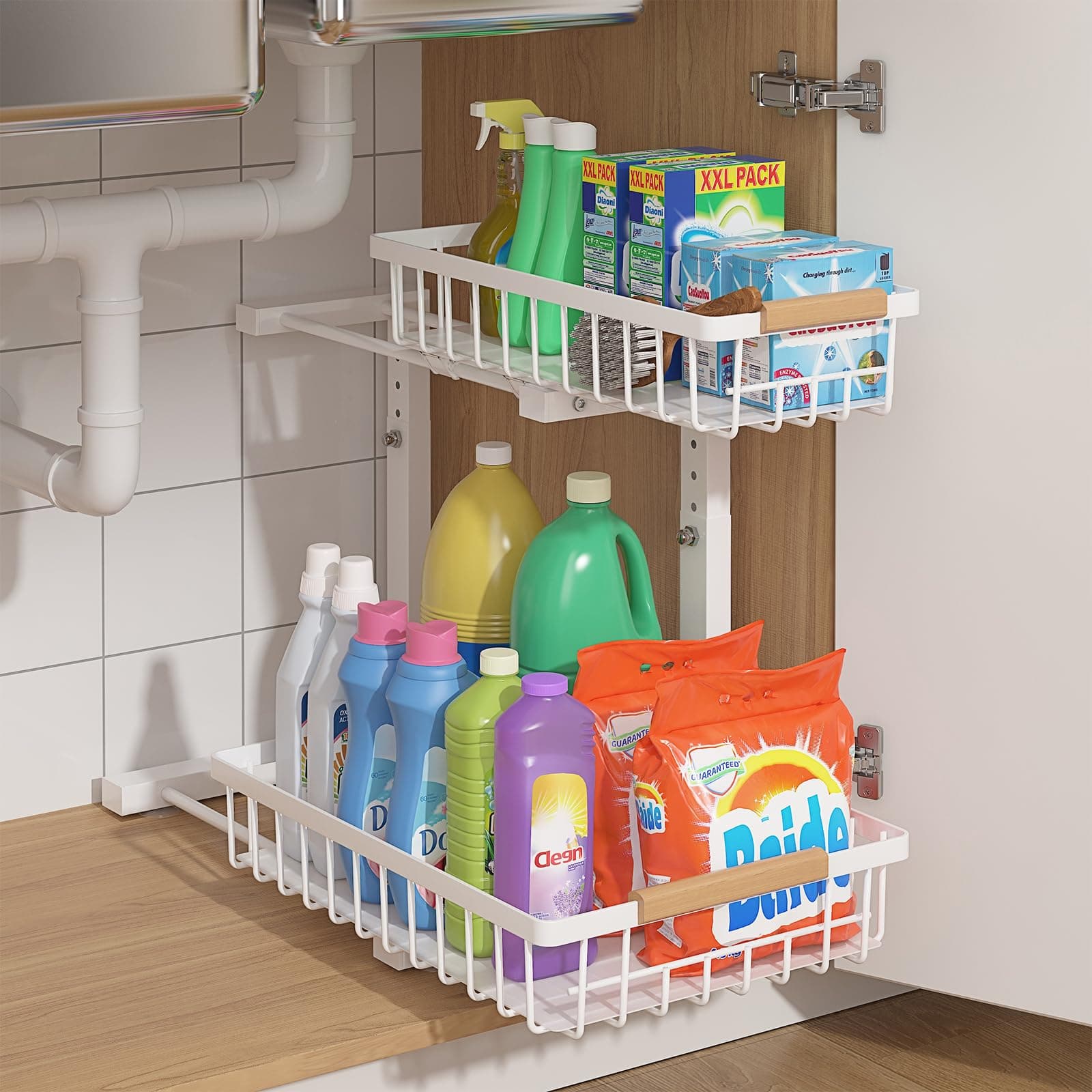 ADRIMER Under Sink Organizer, Pull Out Kitchen Organizers and Storage, 2 Tier Slide Out Bathroom Cabinet Organizers and Storage Height Adjustable Durable Metal, White