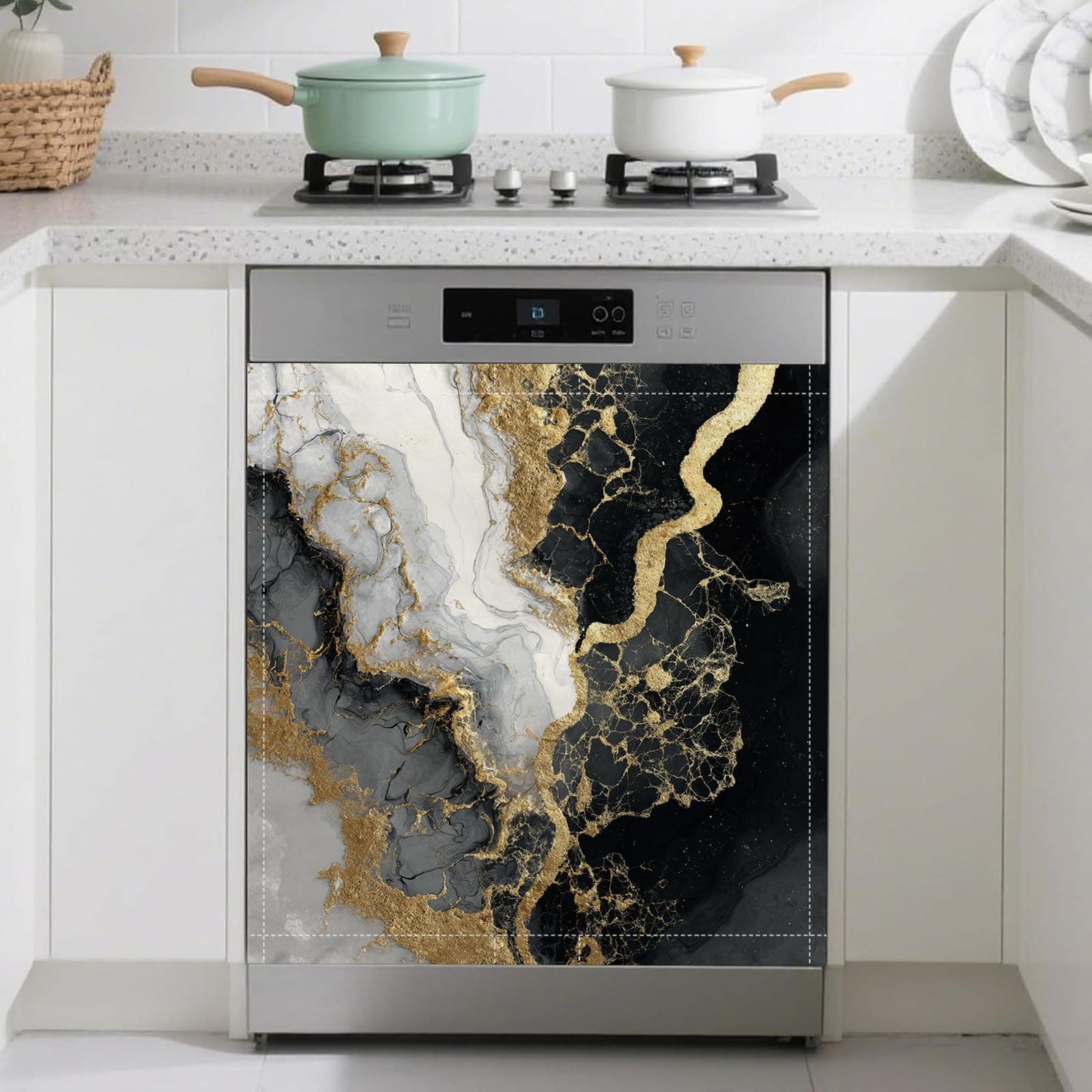 Gold Black Marble Dishwasher Magnet Cover Front Dishwasher Sticker Reusable Waterproof Removable Refrigerator Magnet Cover for Home Kitchen Appliance 23x26 Inch