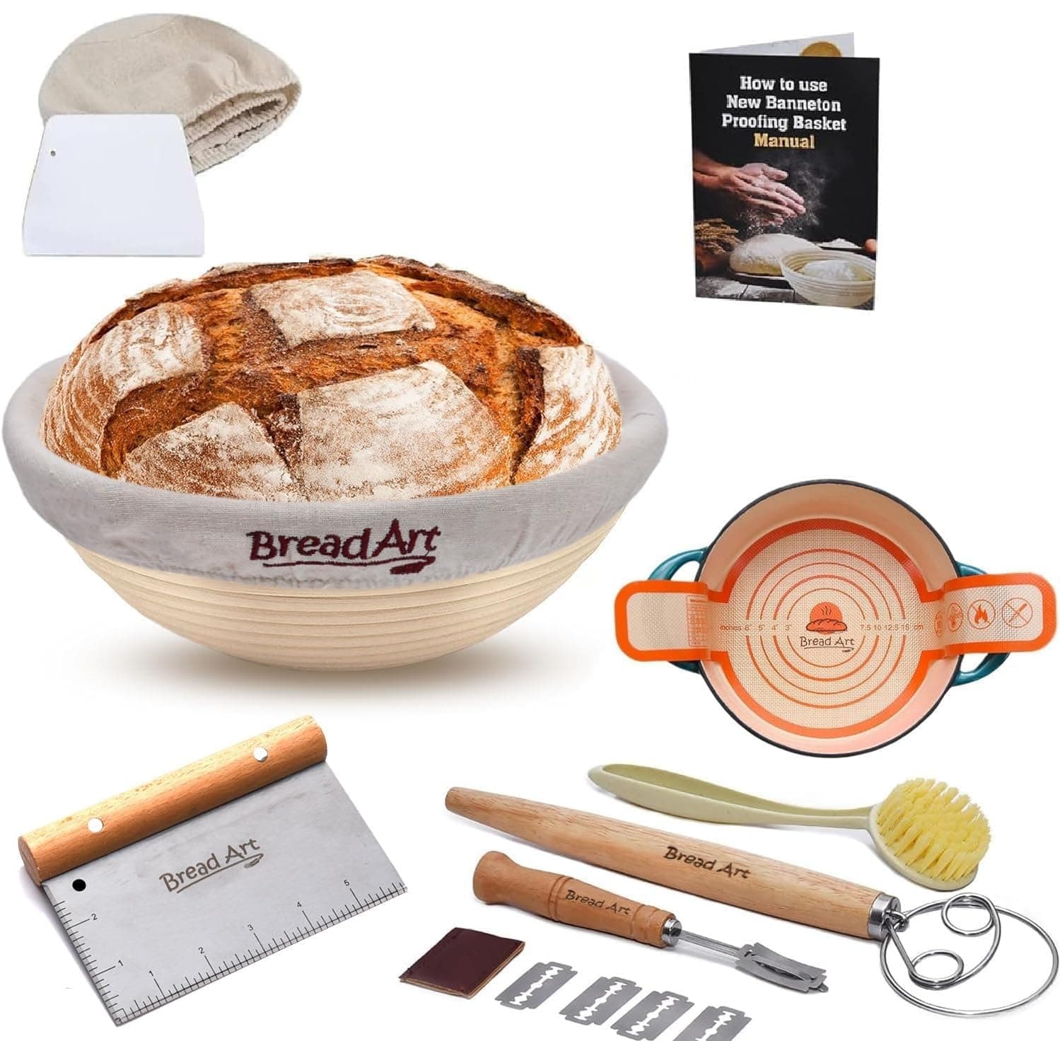 Banneton Proofing Basket set - 9 Inch round sourdough proofing basket with Silicone Bread Sling, Dough Scrapers, Bread lame, Dough Whisk and a Cleaning Brush