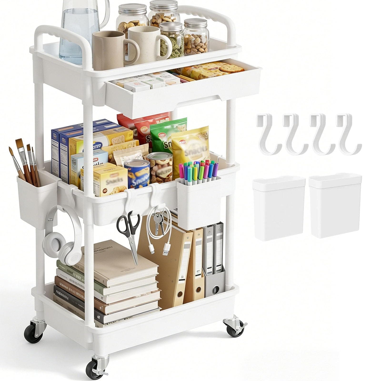 3 Tier Rolling Utility Cart with Drawer, Plastic Storage Organizer Rolling Carts with Wheels Handles Hanging Cups Hooks for Office, Bathroom, Kitchen,Craft Art Room (White)