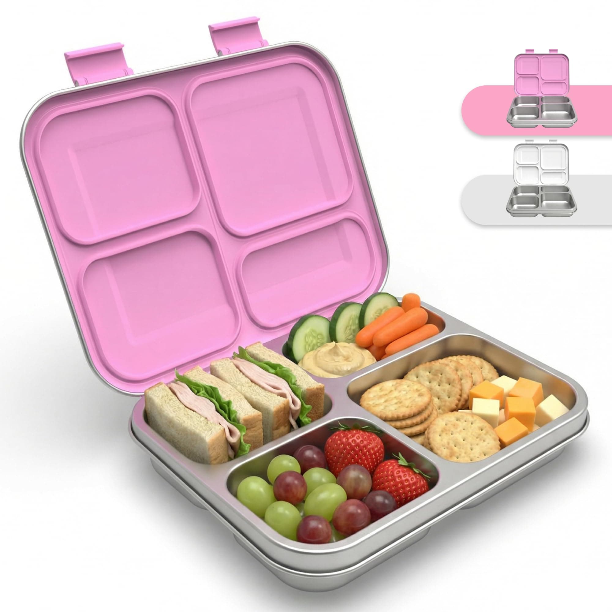 Steely Lightweight Stainless Steel Lunch Box – 4 Compartment Bento Box for Adults with Leak-Proof Clips – Dishwasher Safe Food Container for Work – BPA-Free