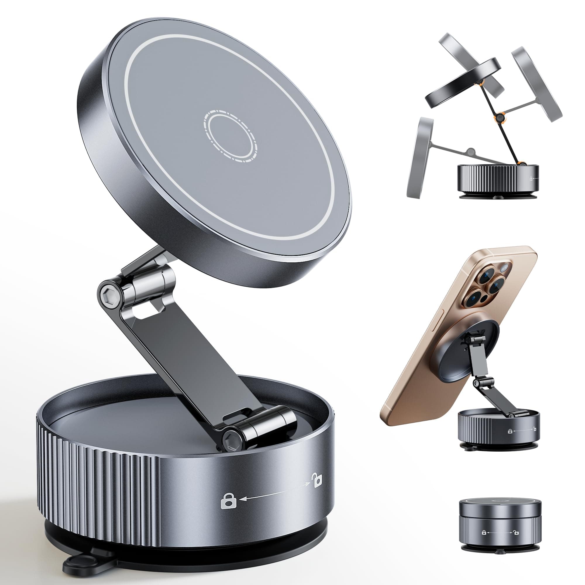 Topume Upgraded Vacuum Magnetic Phone Holder for MagSafe,Double-Foldable Suction Cup Phone Mount,360° Rotatable Phone Mount for All Smartphones & All Car Models- Grey