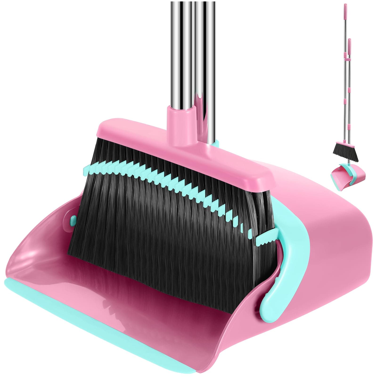 NACENA Broom and Dustpan Set with 52-in Long Adjustable Handle, Pink Blue