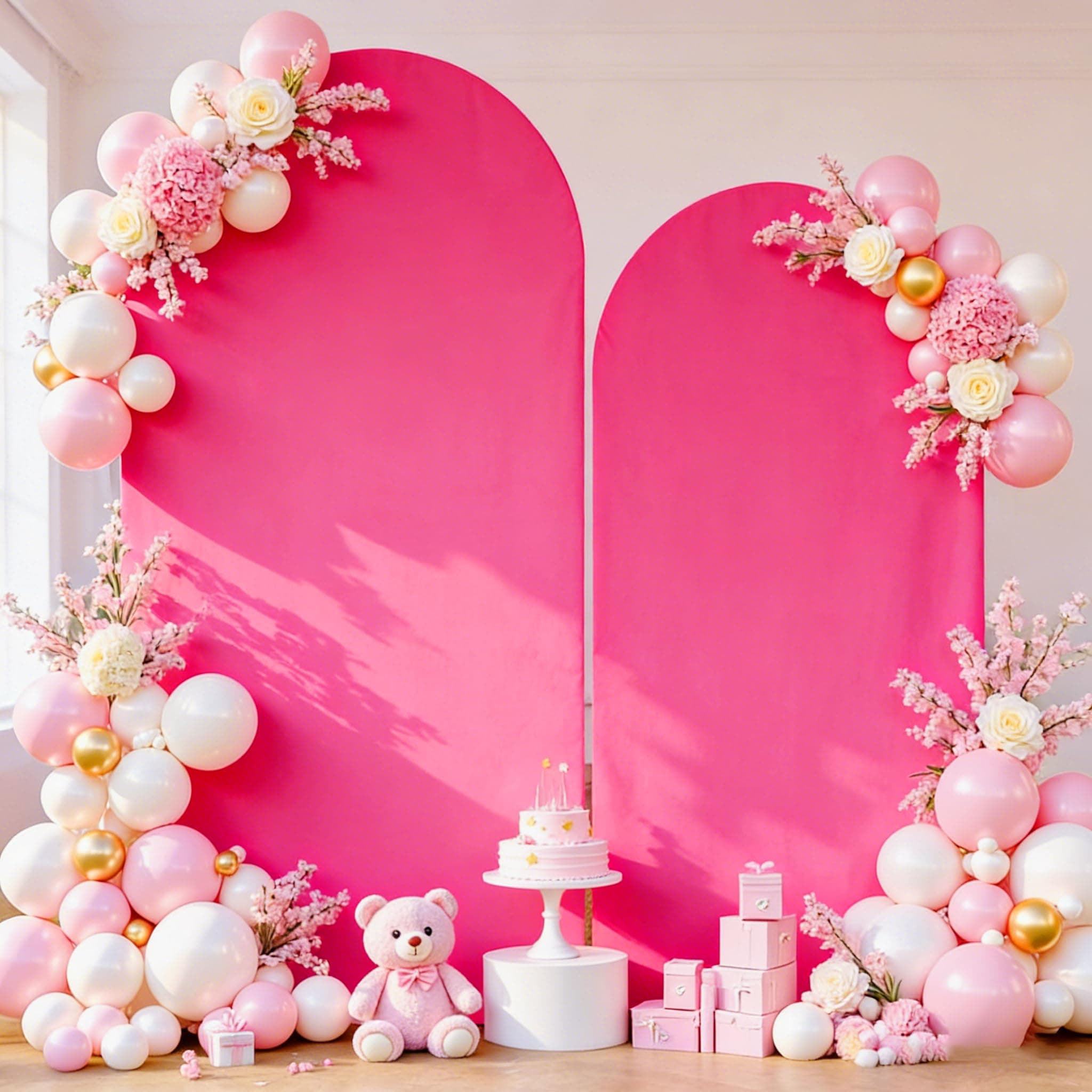 Hot Pink Arch Backdrop Covers - 6.6FT, 5FT Spandex Fitted Wedding Arch Stand Covers Round Top Chiara Arch Backdrop Cover for Valentines Wedding Birthday Party Decoration