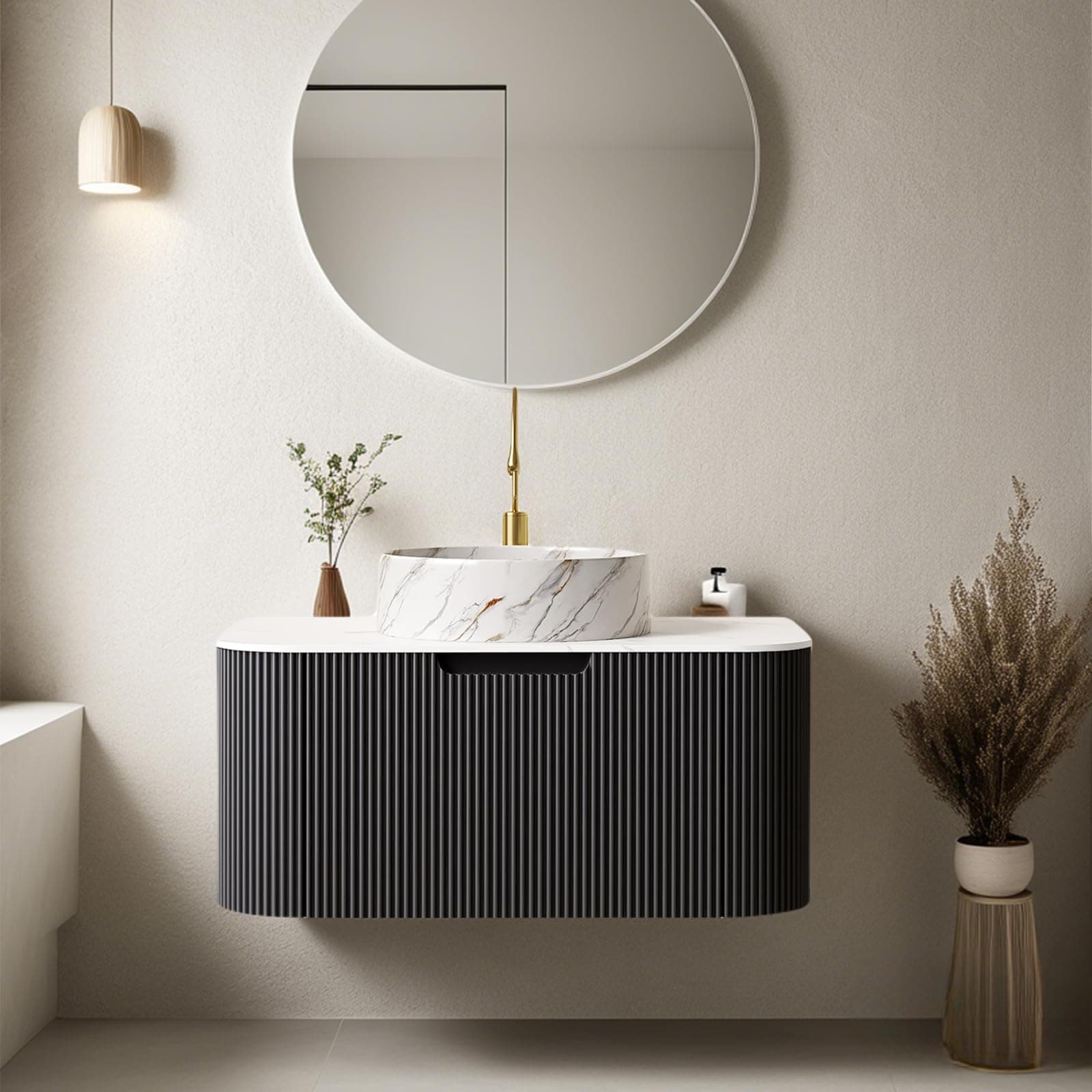 AmbroVania 30 Inch Floating Bathroom Vanity with Sink, Natural Solid Wood Modern Bathroom Vanities with Ultra-Thin Marble Sink and Countertop, Soft-Close Design, Pre-Assembled, Black