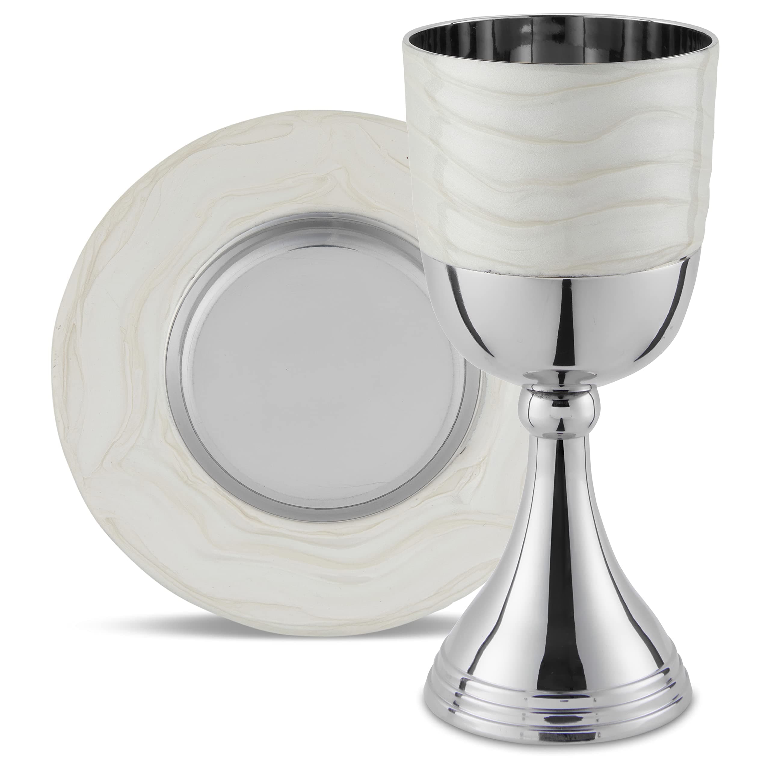 Zion Judaica Passover Seder Luxurious White Enamel Kiddush Cup Set Gift Boxed Polished Nickel Plated White Enamel Elegant Wine Cup 5.75" Elijah Goblet and Matching Tray Table Décor for Pesach Shabbos