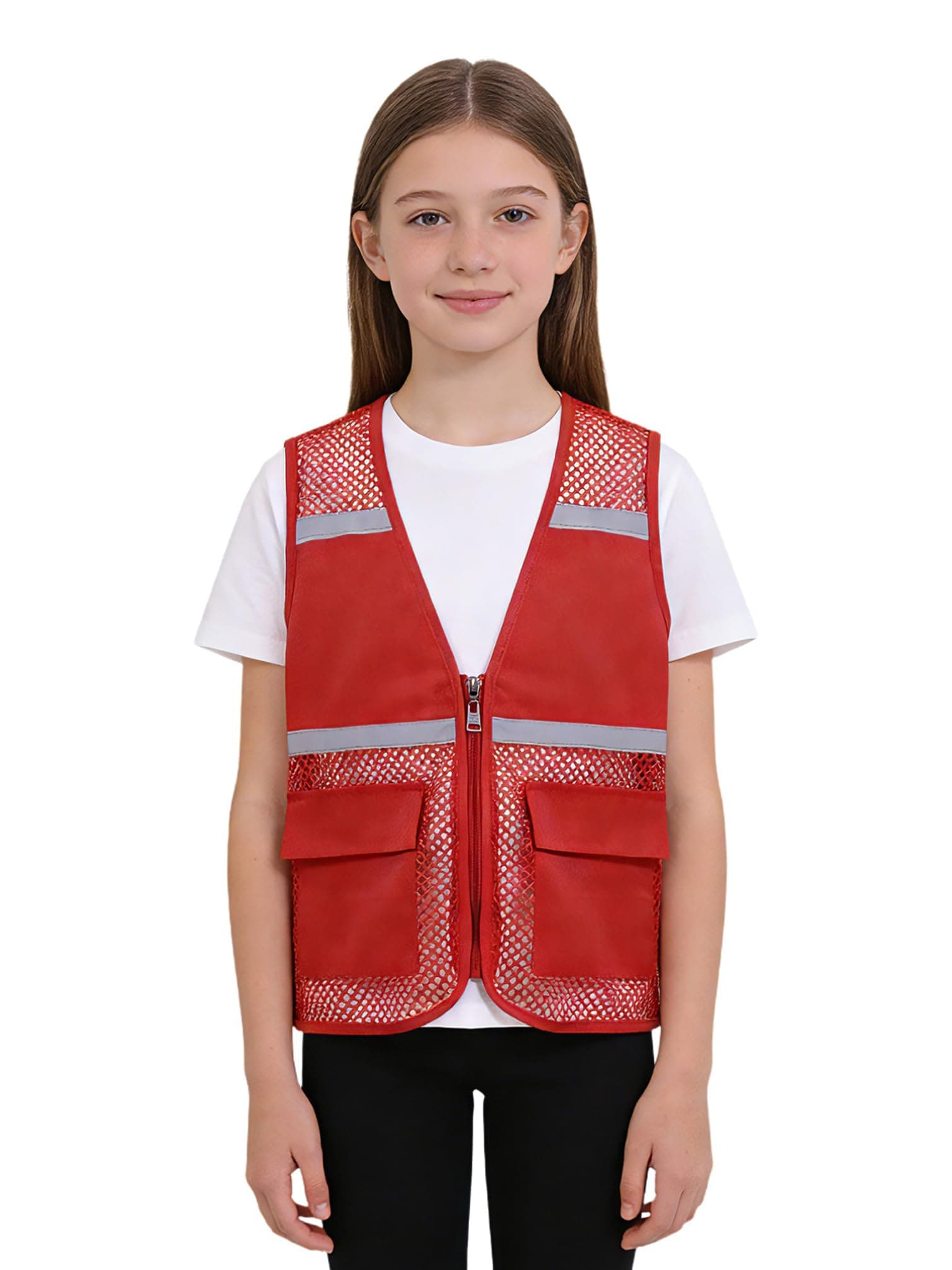 TiaoBug Kids Reflective Strip Safety Vest Uniform Volunteer Vest Waistcoat Jacket for Outdoor Running Cycling Biking Red 5-6 Years