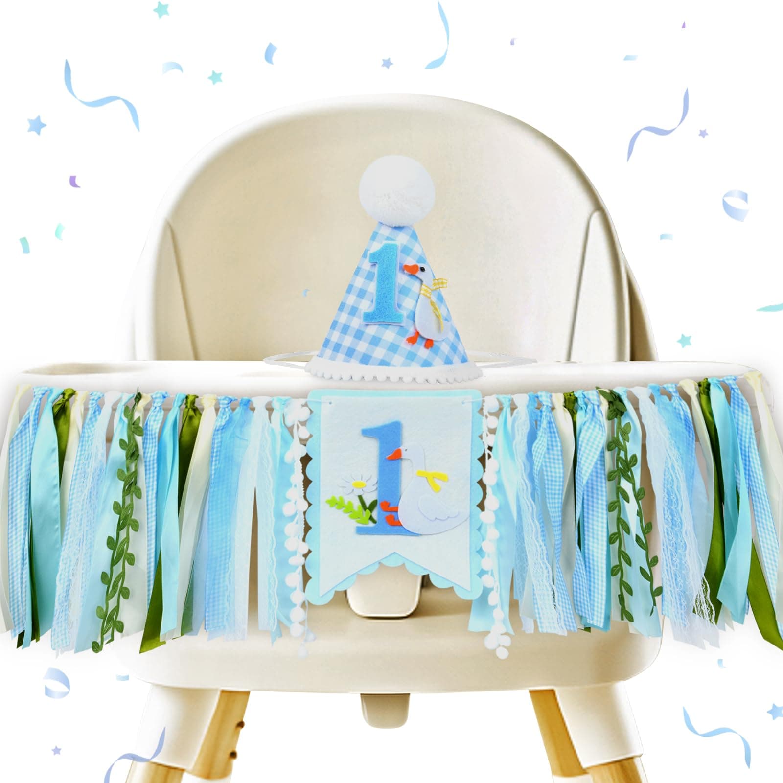 One Funny Goose High Chair Banner and Hat for Boys -Goose Theme 1st Birthday Decorations, First Birthday Crown, One Highchair Banner,First Birth day Decor (Blue)