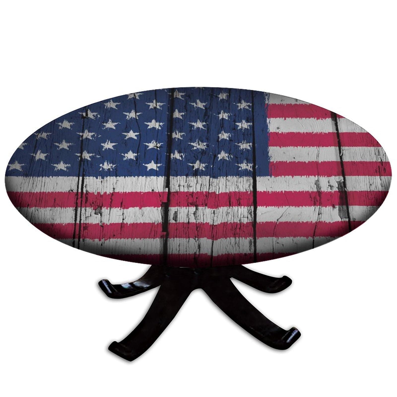 DZASDIYM Elastic Edge Fitted Round Table Cover, Wooden American Flag Pattern Printed on Stain Resistant Polyester Table Cloth, Great for Outdoor Home Kitchen/Parties/Holiday Dinner, Fit for 52" Table