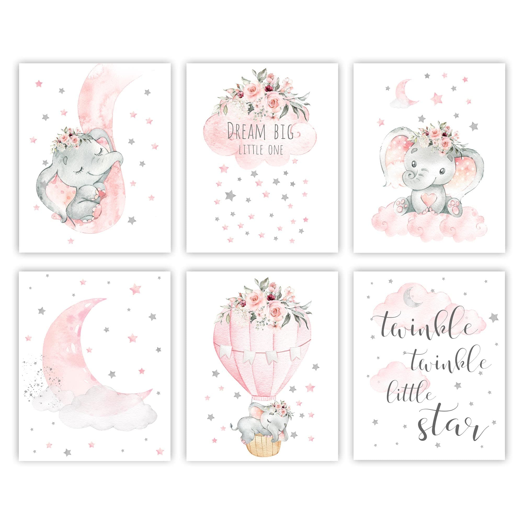 Canssape Elephant Nursery Wall Art Set of 6 Baby Girl Room Decor 8" x 10" Pink Flowers Unframed