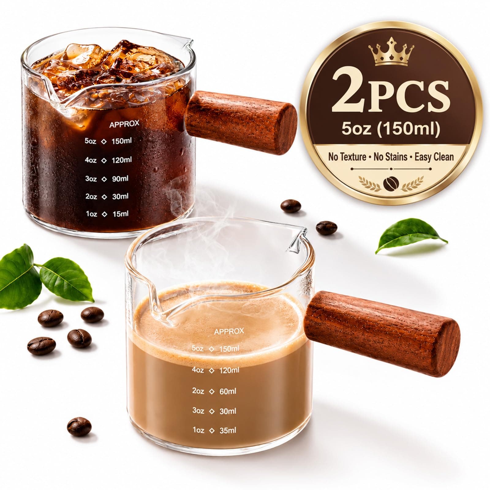 5oz Espresso Cups Set of 2, Double Spout Clear Borosilicate Glass with Anti-Scalding Wooden Handle, Heat Resistant Small Glass Mug for Double Shot Espresso, Latte, Cappuccino, Coffee Accessories