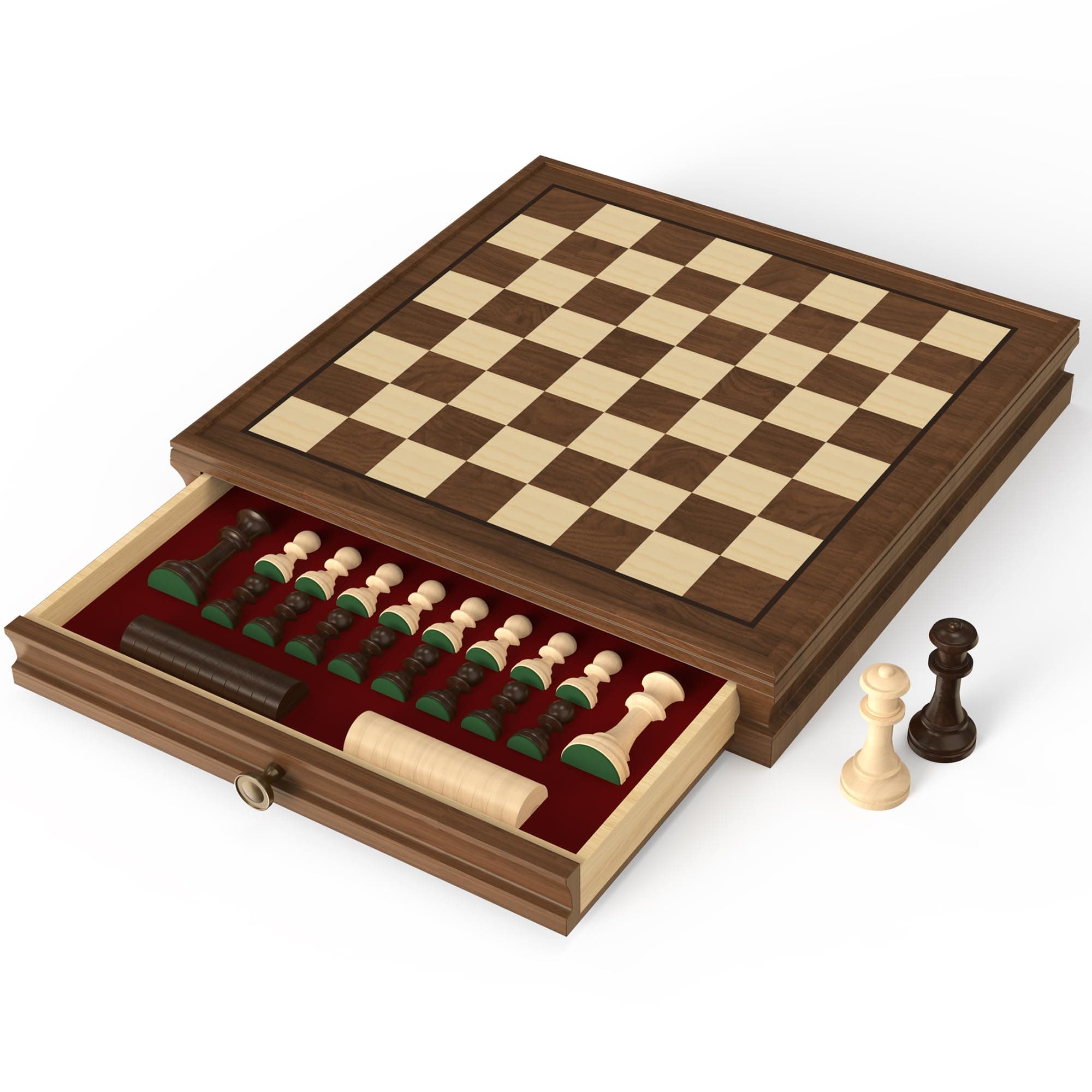 Premium Natural Walnut 13" x 13" Magnetic Wooden Chess Set with 1 Built-in Storage Drawers - 2 Bonus Extra Queens - 24 Checkers Pieces - Staunton Chess Pieces, Board Games Chess Sets