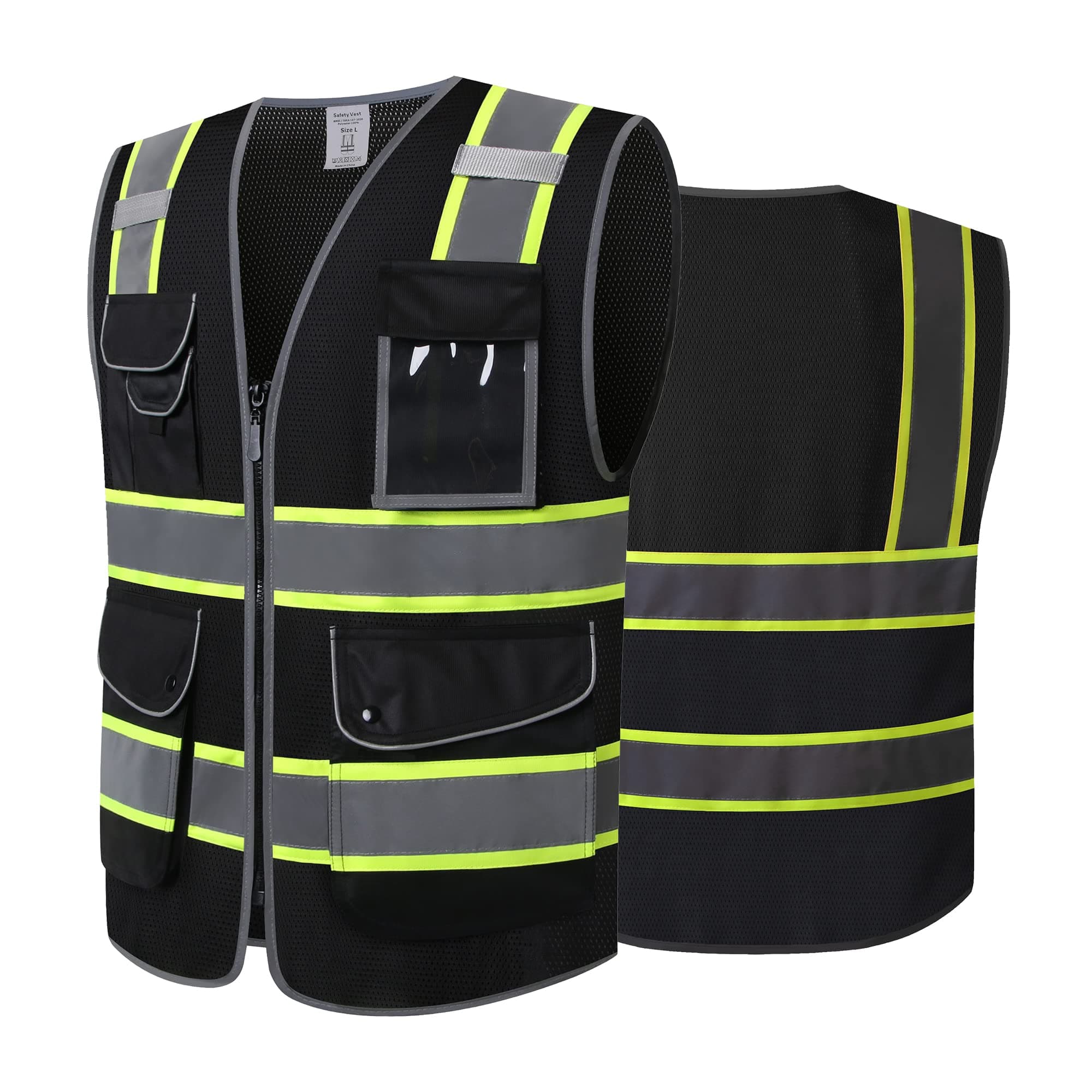 ASIPHITU Black Safety Vest Mesh High Visibility Reflective Vest for Men Women with 9 Pockets and Zipper Hi Vis Construction Vest, Meets ANSI/ISEA Class 1, (E1-Black-3XL)