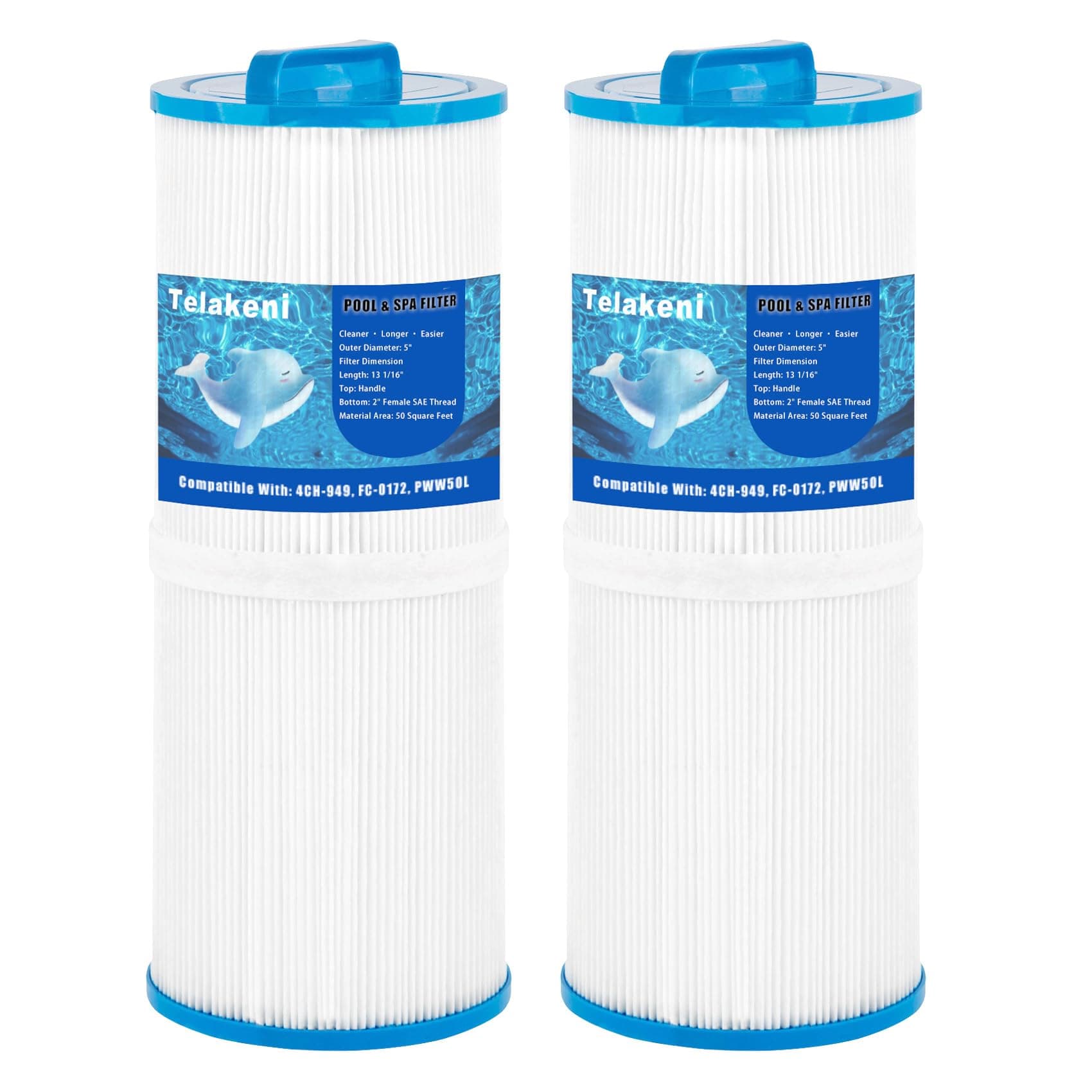 Telakeni 2 Pack 4CH-949 Spa Hot Tub Filter Compatible with Pleatco PWW50L, Unicel 4CH-949, Filbur FC-0172, SD-01143, 817-4050,AK-90091 Rising Dragon 50, Waterway Teleweir 50 sqft.